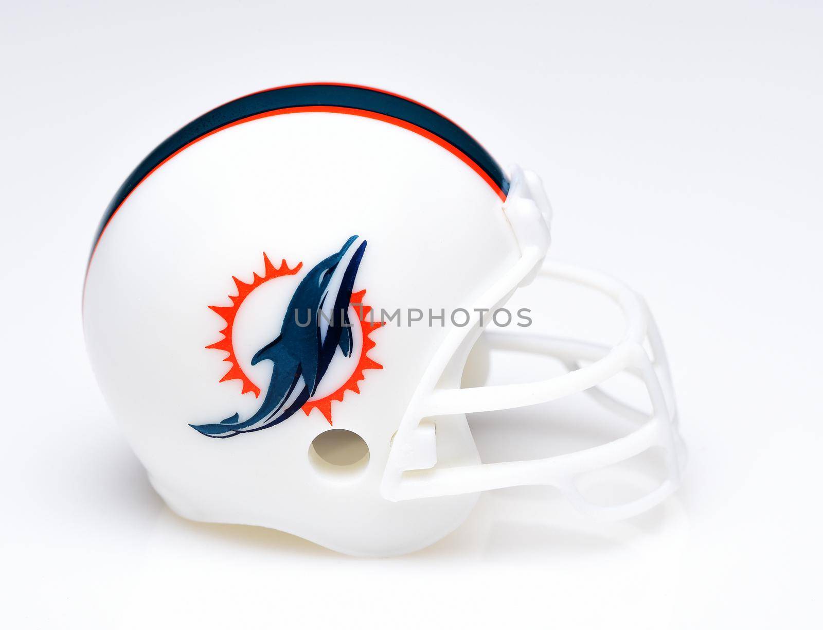 IRVINE, CALIFORNIA - AUGUST 30, 2018: Mini Collectable Football Helmet for the Miami Dolphins of the American Football Conference East.
