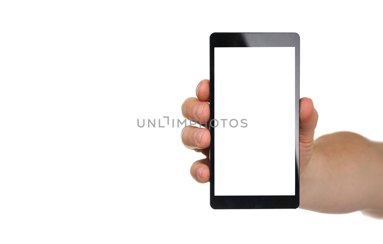 Male hand hoding smartphone isolated on white background by kuprevich
