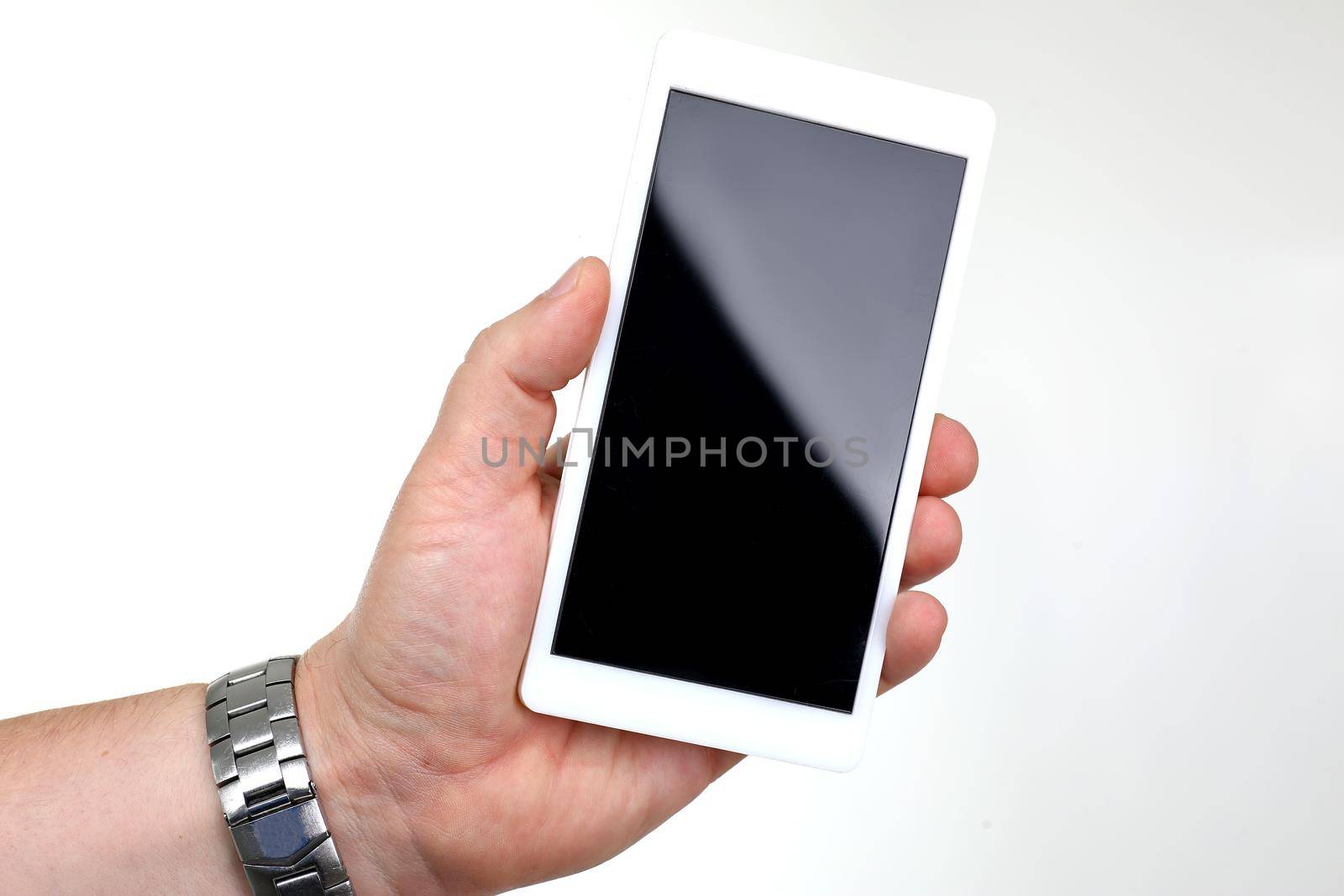 Male hand hoding smartphone isolated on white background. You can insert an image image of your text for the concept or project development of mobile applications and their advertising mobile devices