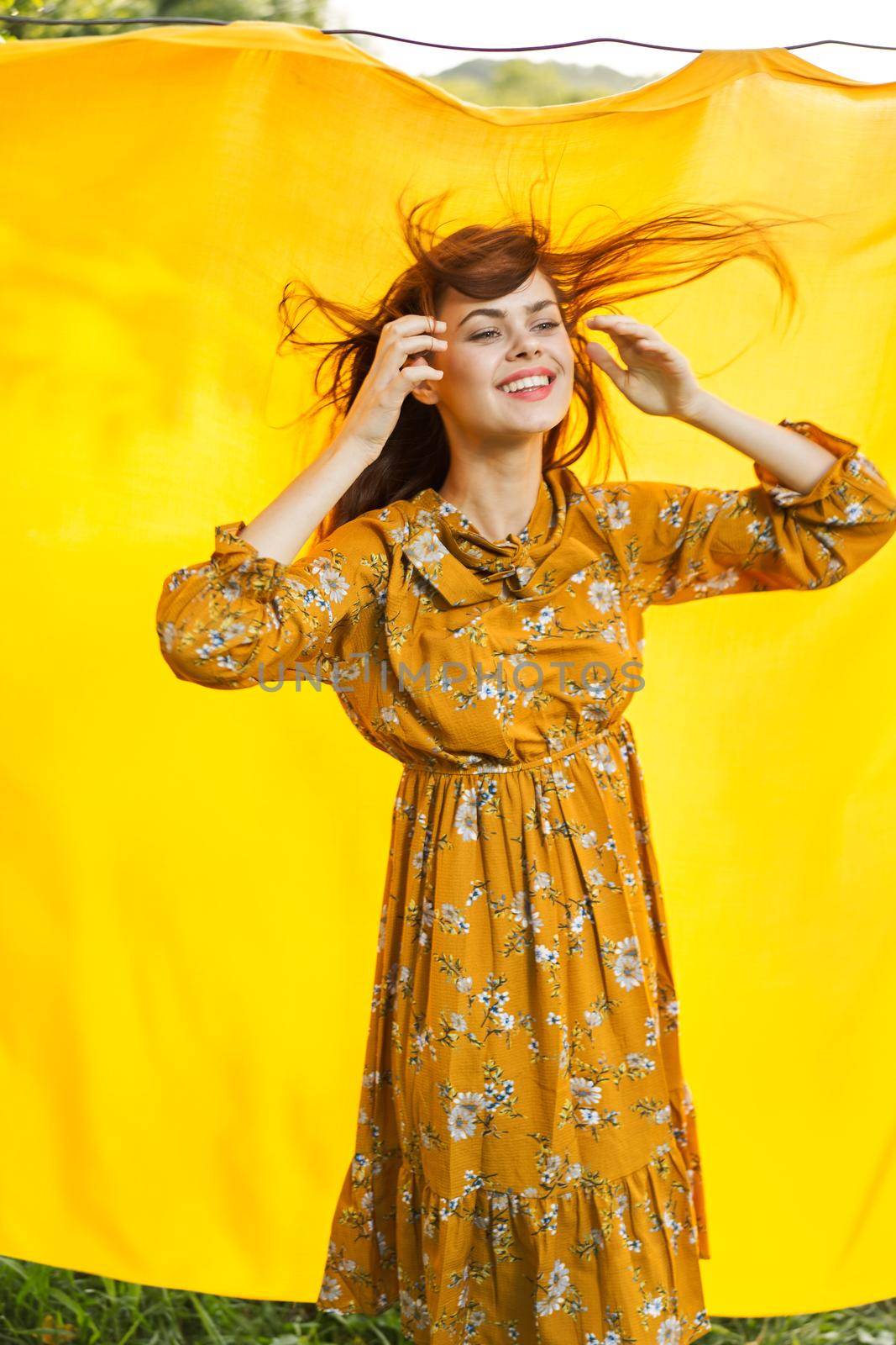 attractive woman outdoors hairstyle summer posing yellow background. High quality photo