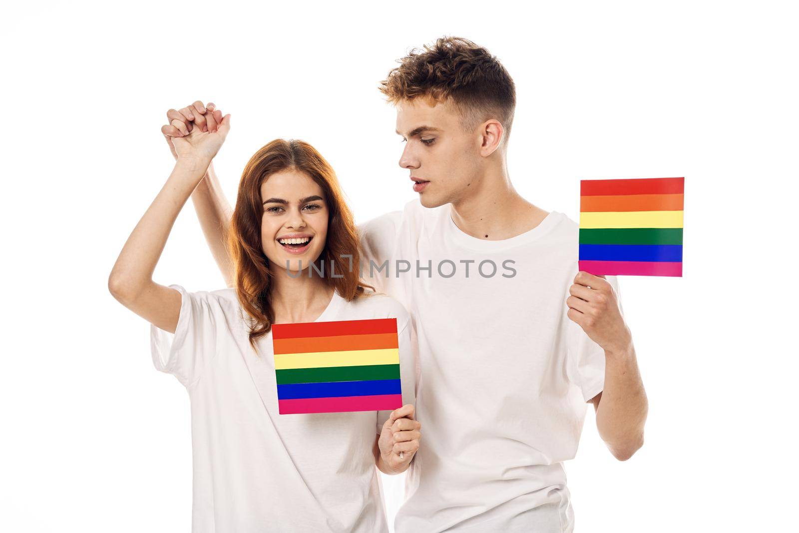 couple in white t-shirts Flag lgbt transgender sexual minorities. High quality photo