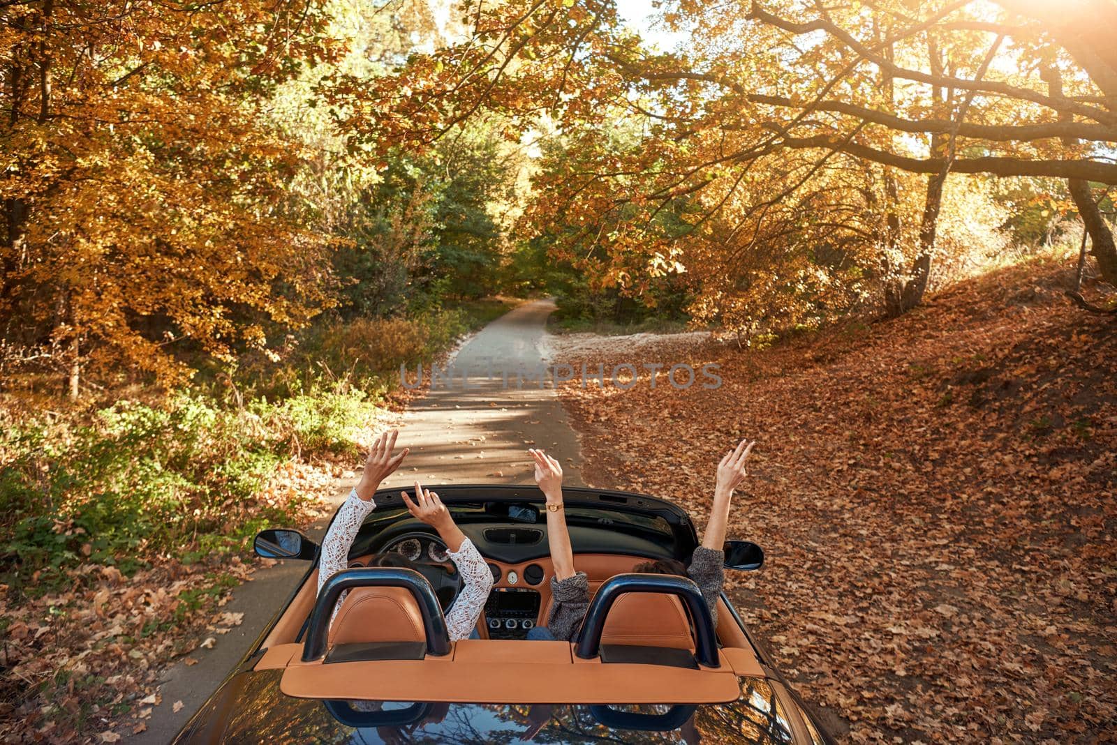 Female friends driving cabriolet with the hands up and having fun by friendsstock