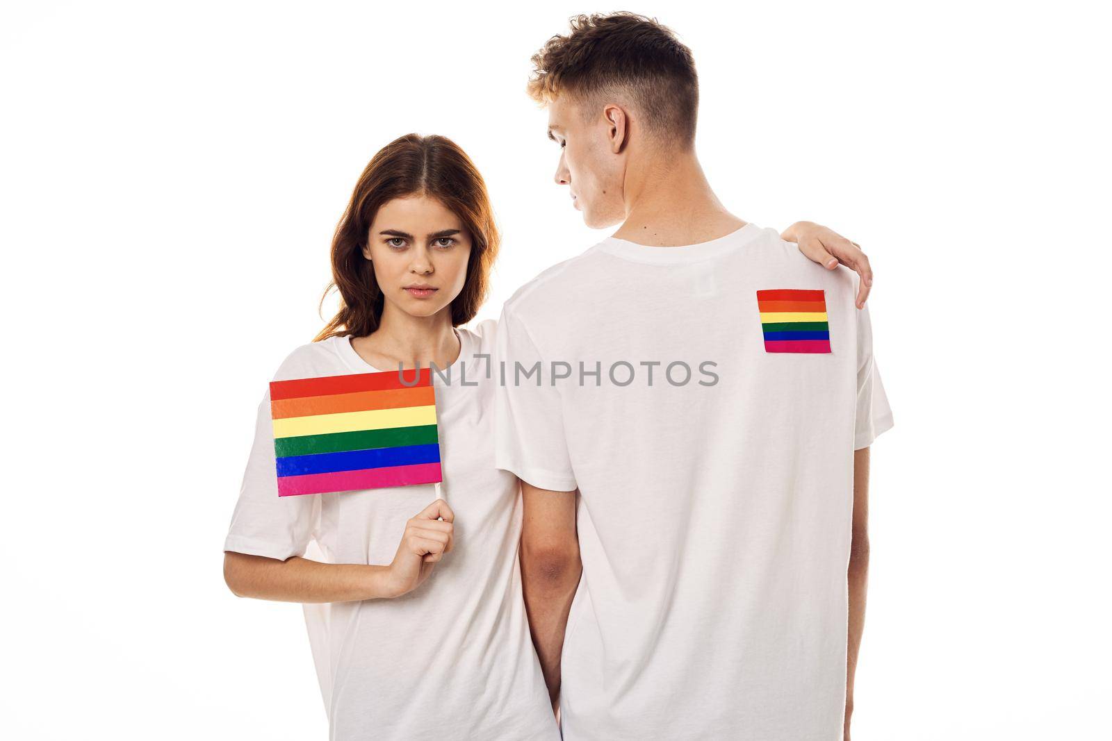 young couple lgbt community flag transgender lifestyle. High quality photo