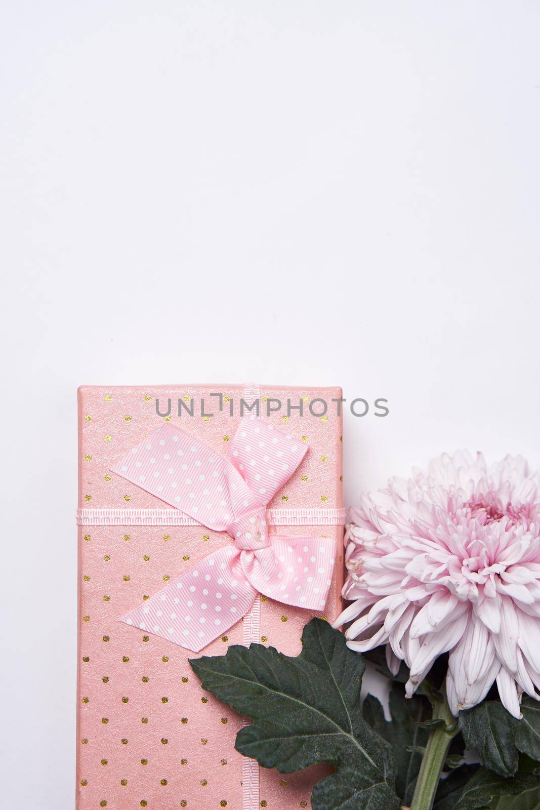 gift pink box with flowers holiday top view light background. High quality photo