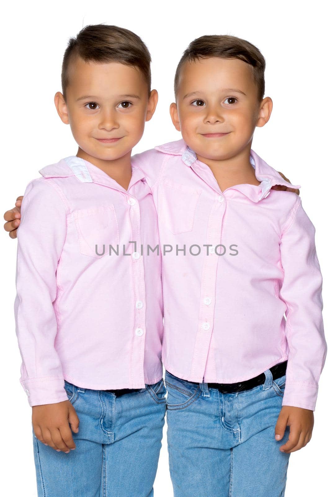 Two cute little boys, brothers close-up. The concept of a happy childhood, the development of a child in the family. Isolated on white background.