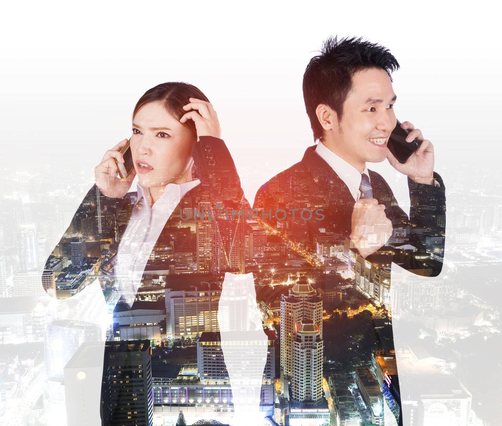 double exposure of worried businesswoman and happy businessman talking on smartphone with city background by geargodz
