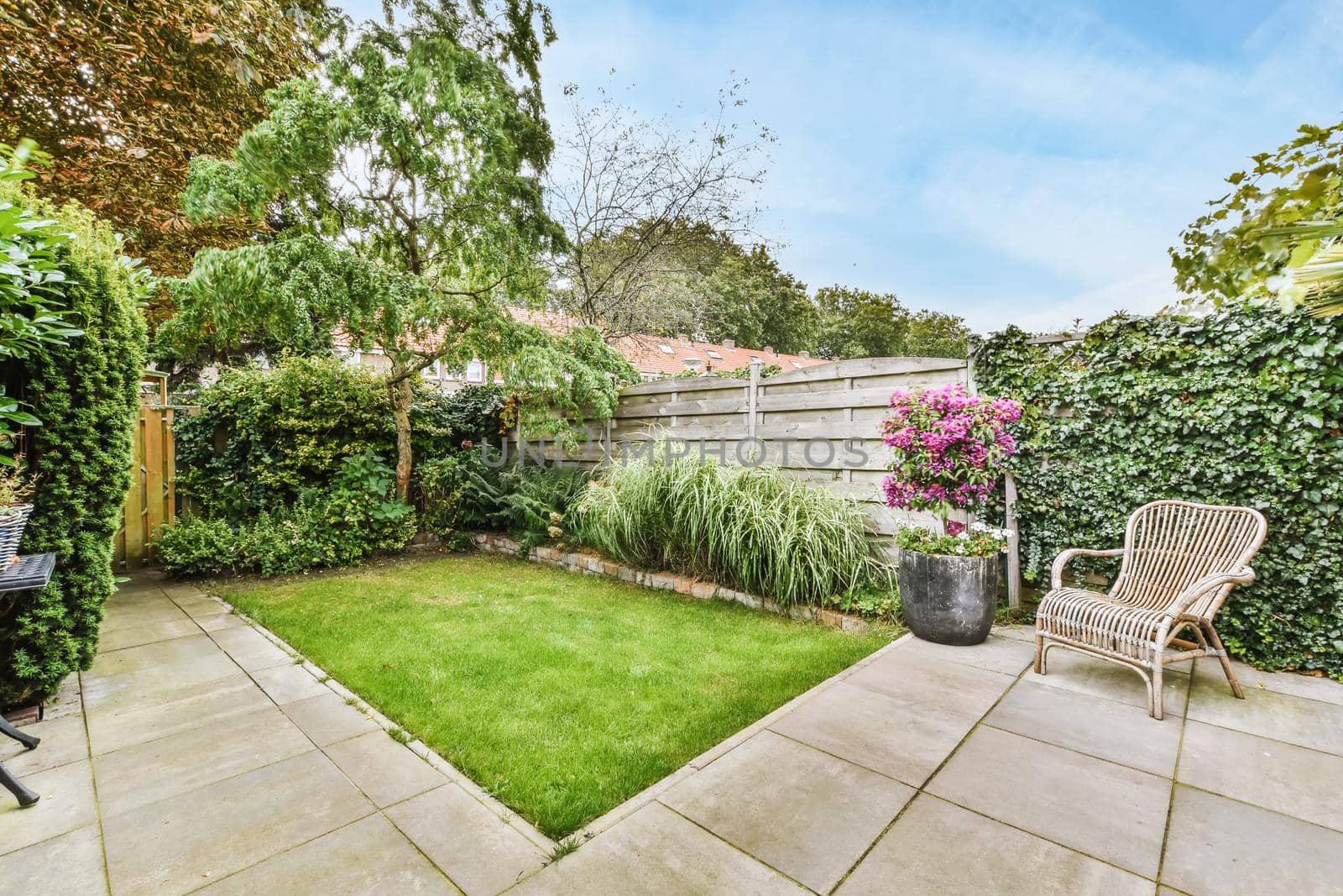 Courtyard with many flowers and greenery in a stylish home