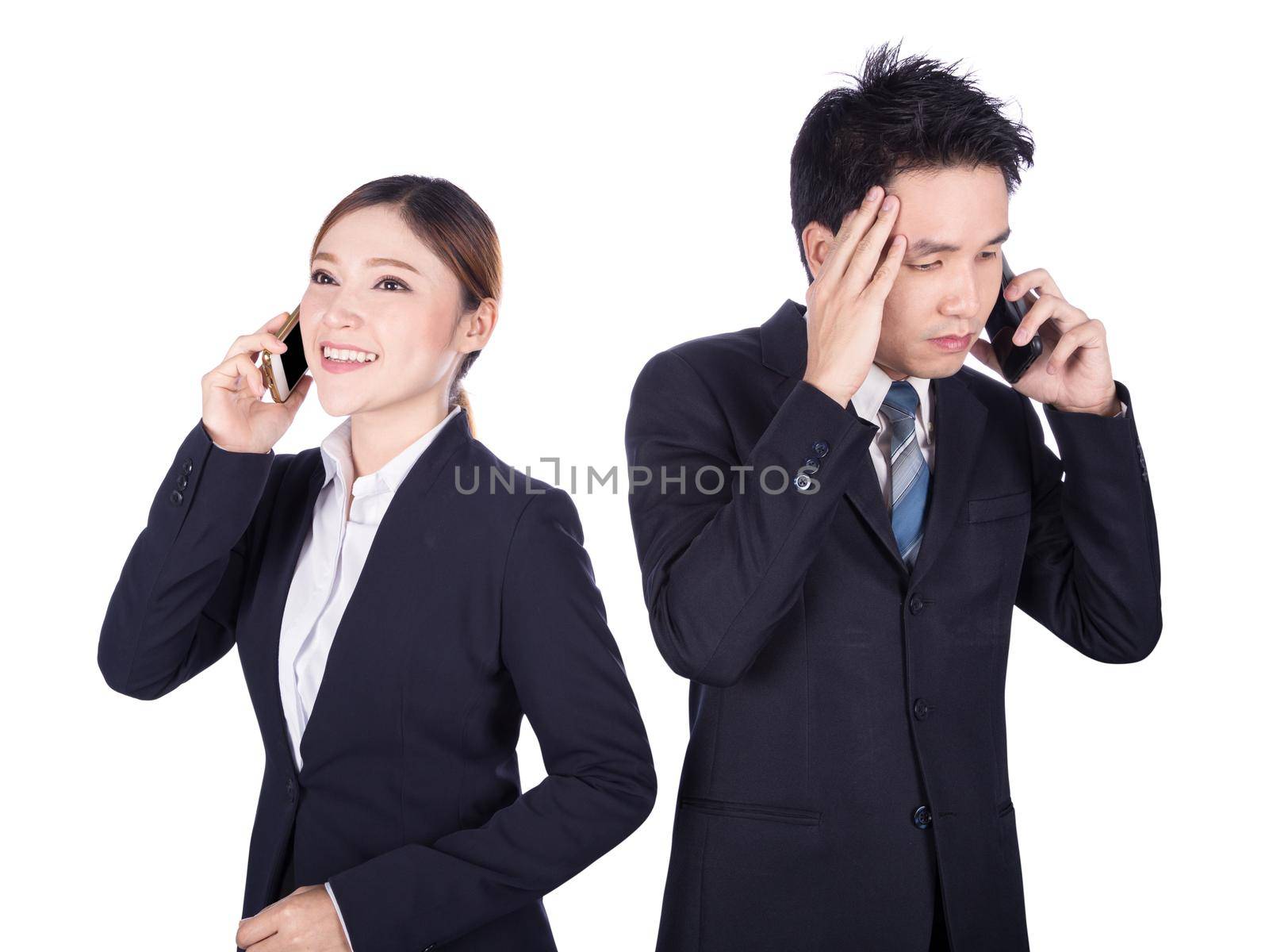 worried businessman and happy businesswoman talking on smartphone isolated on white  by geargodz