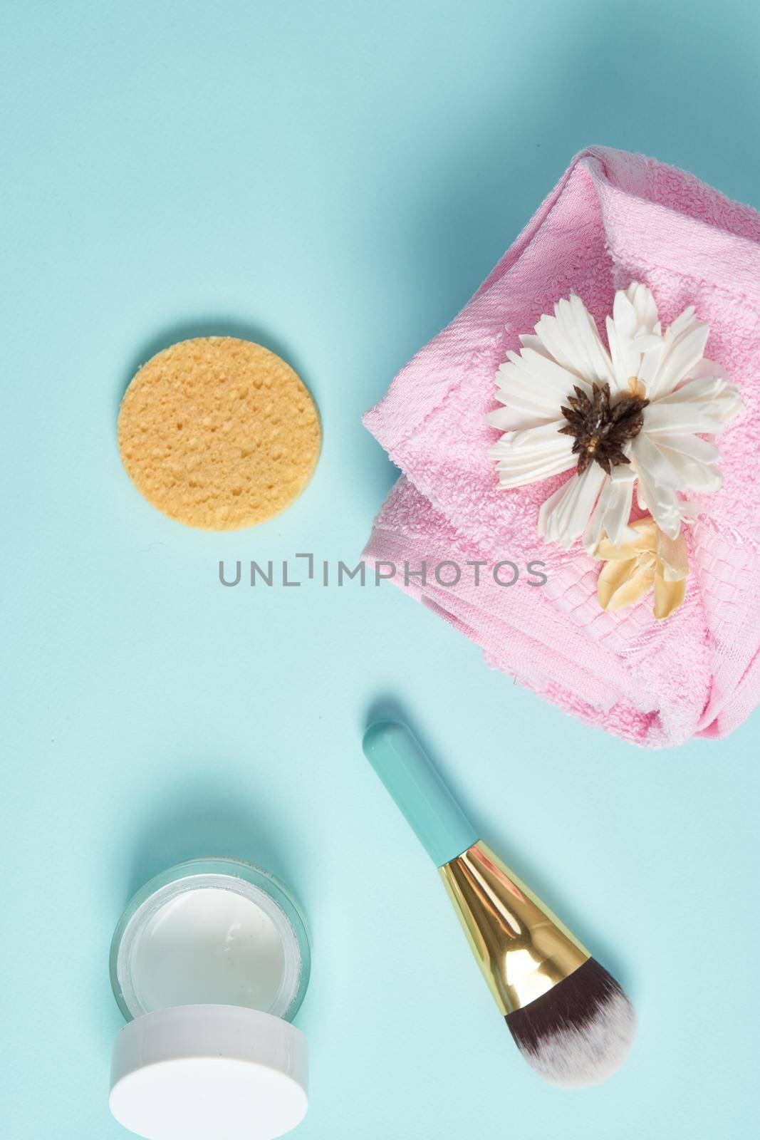 bathroom accessories cosmetics health procedures blue background. High quality photo