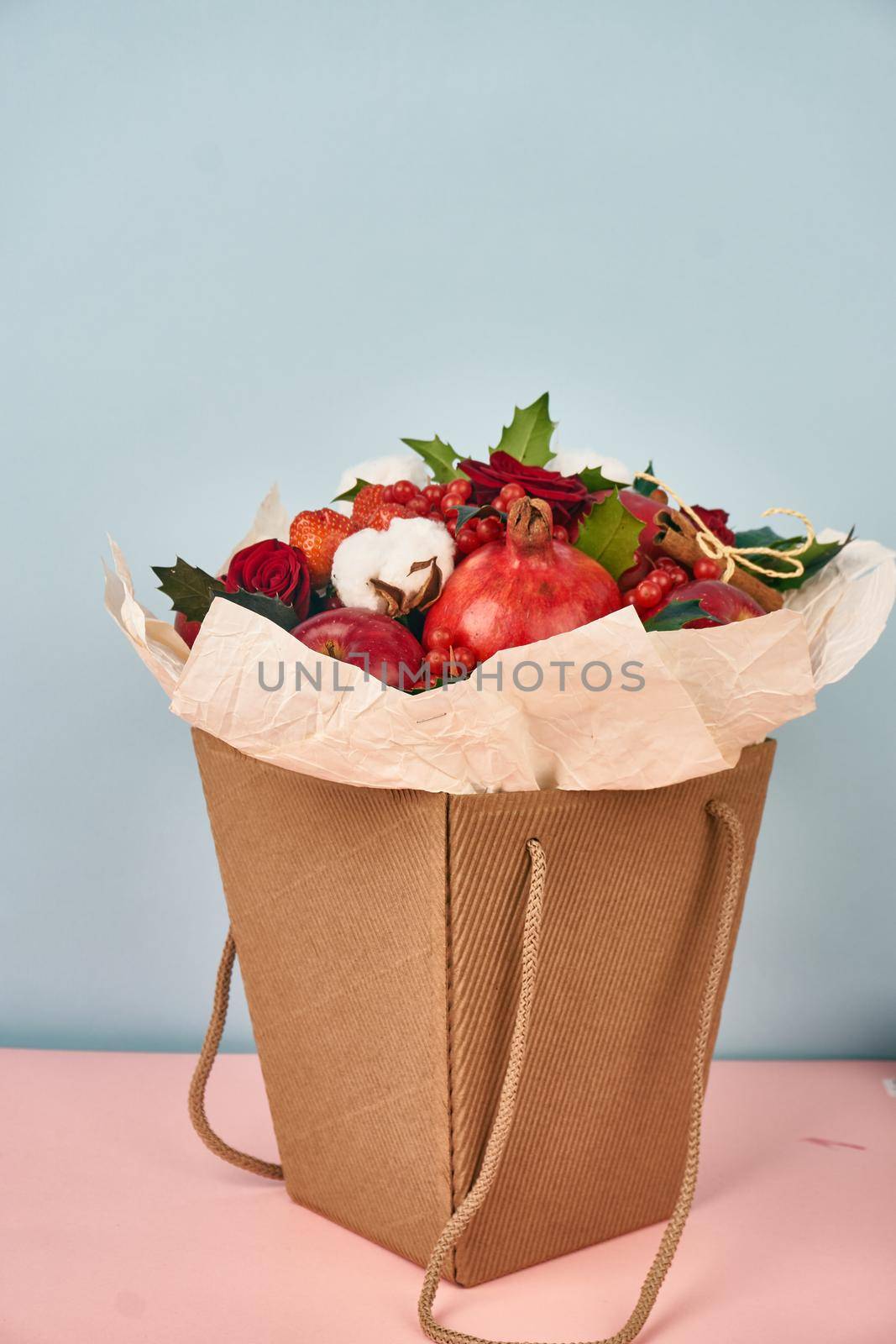 bouquet with fruits vitamins decoration gift romance. High quality photo