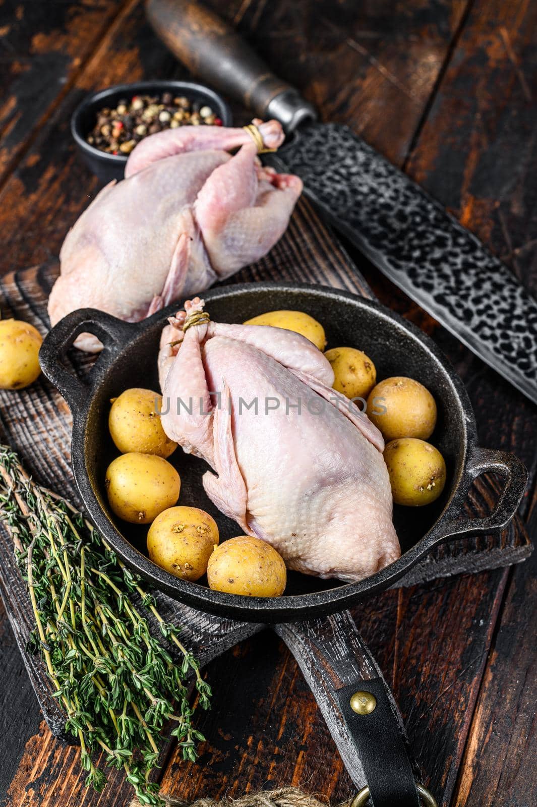 Uncooked raw quails ready for cooking in a pan. Dark wooden background. Top view.