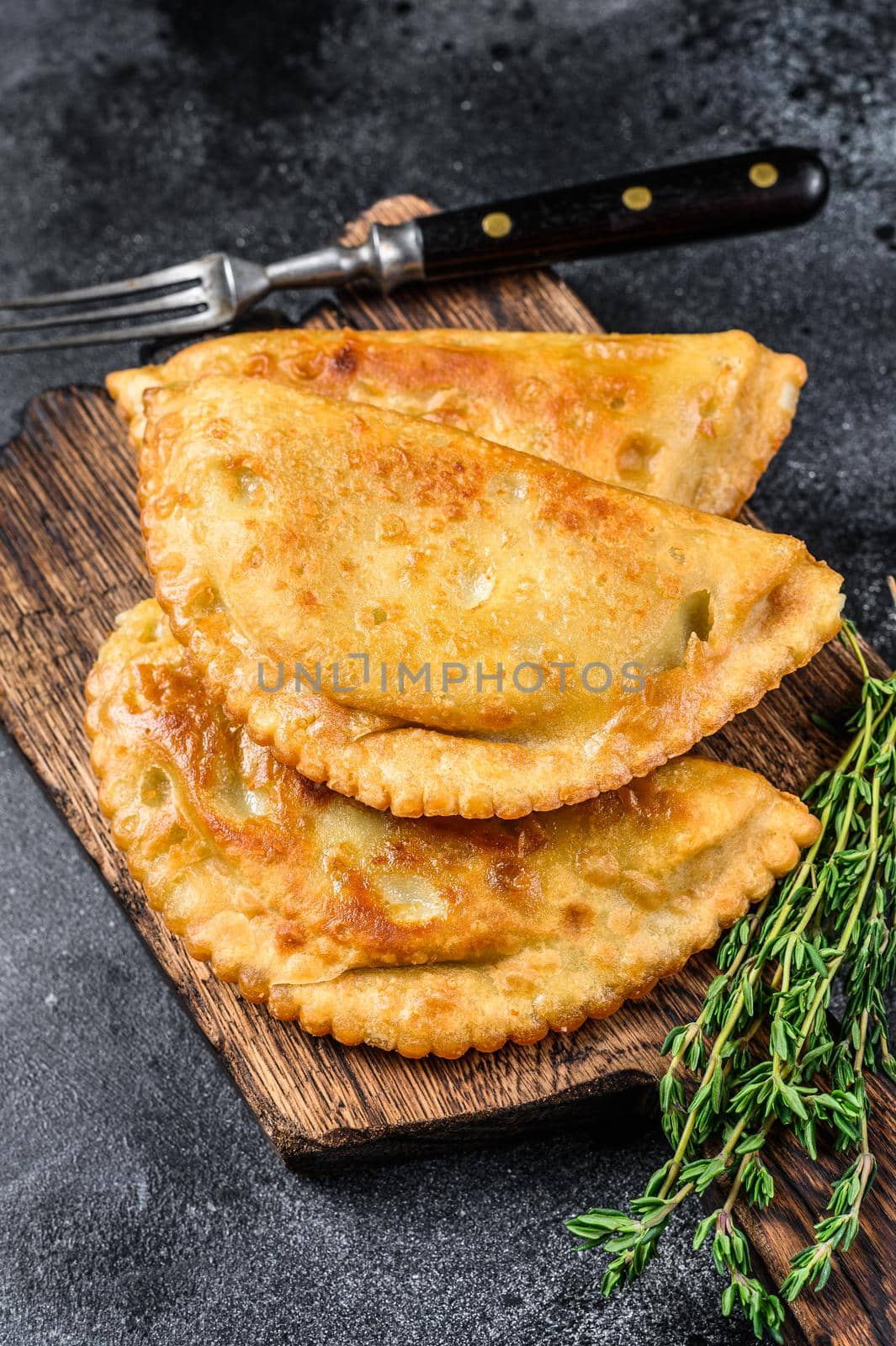Fried in oil chebureks with meat and herbs, traditional Caucasian cuisine. Black background. Top view.