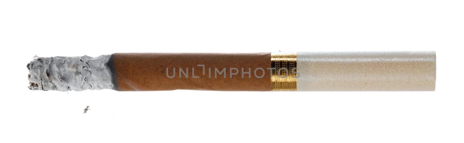 Burning cigarette isolated on white background close up top view