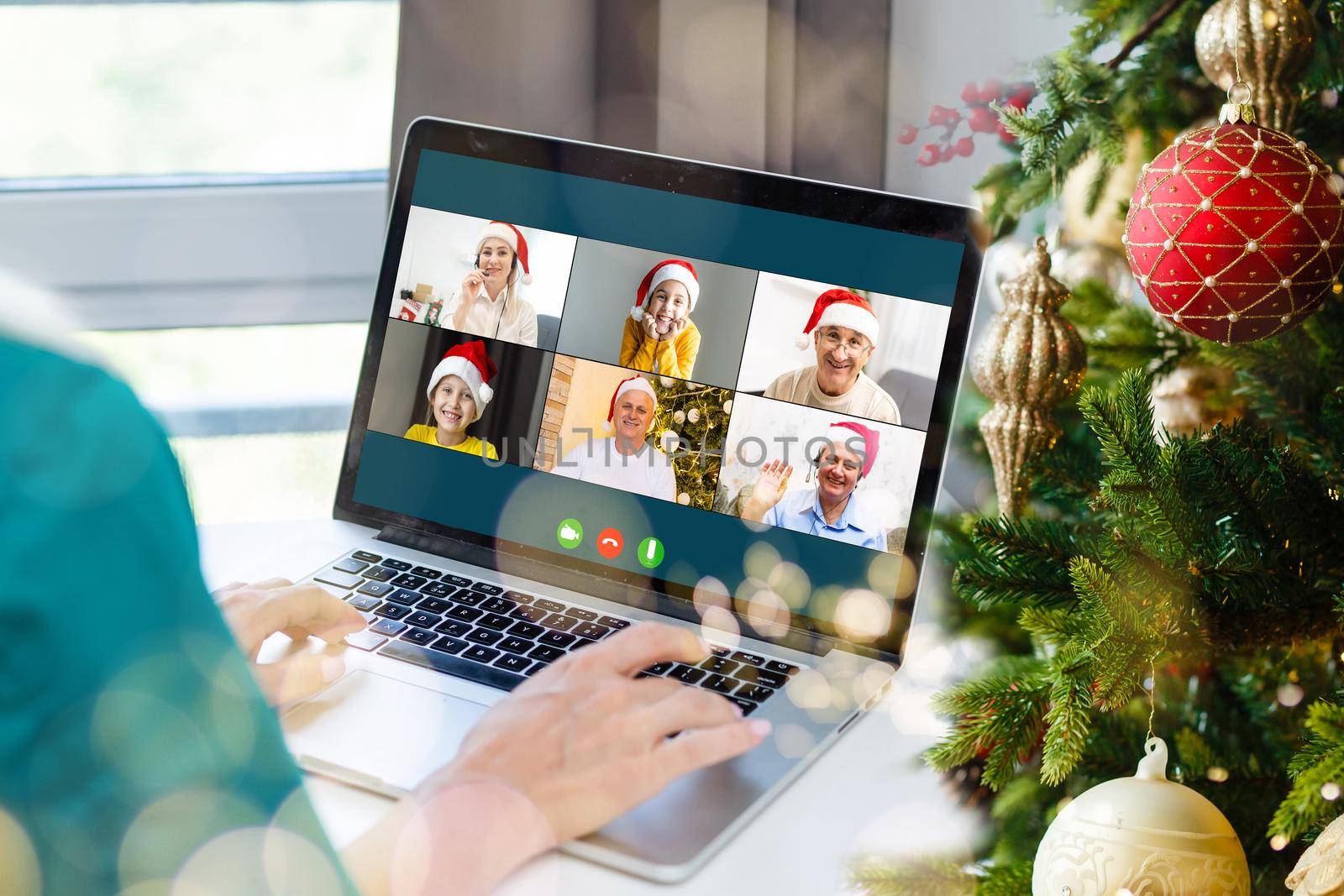 woman hands with computer, video call at christmas.