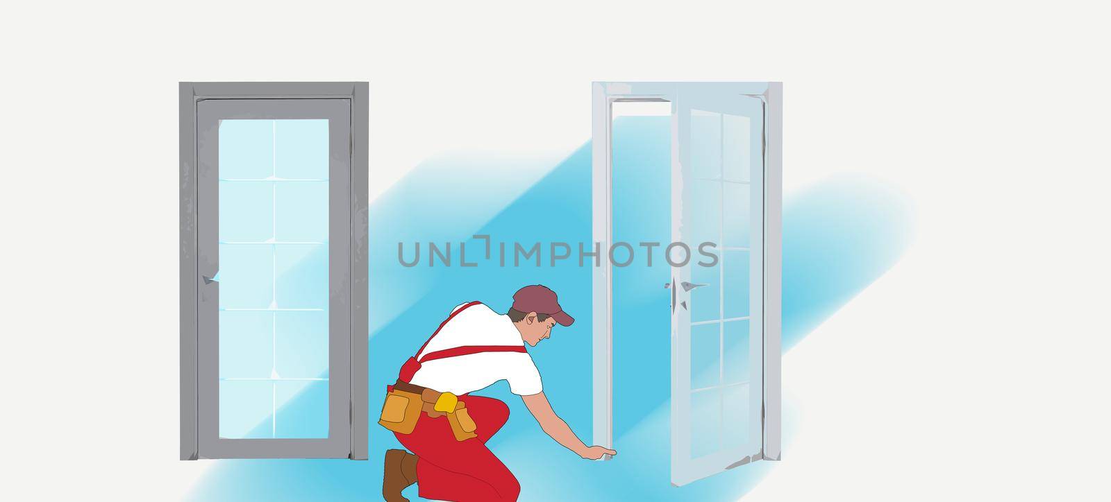 Home Repair Master Male Character Set Up New Door in Apartment. Construction Service. Engineer in Working Robe with Equipment Tools. Carpenter Repairman, Builders Work. Linear Illustration