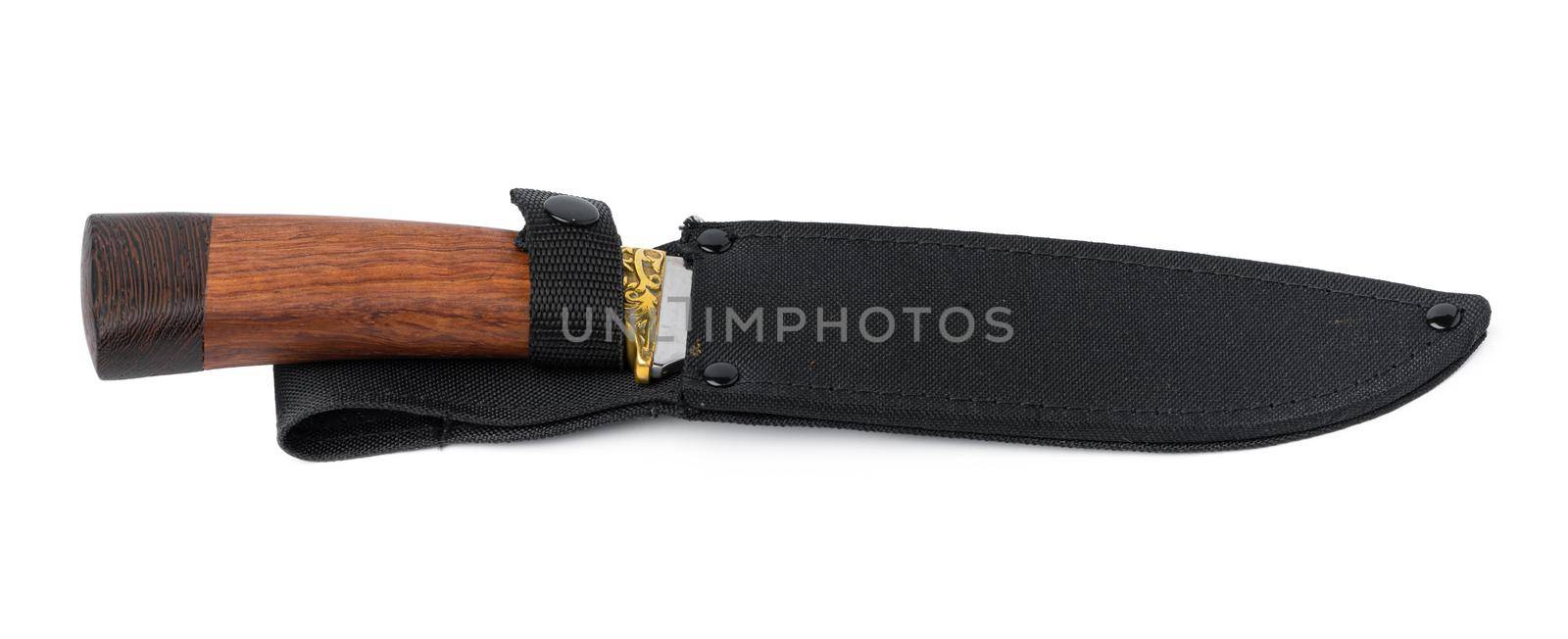 Hunting knife with wooden handle isolated on white background