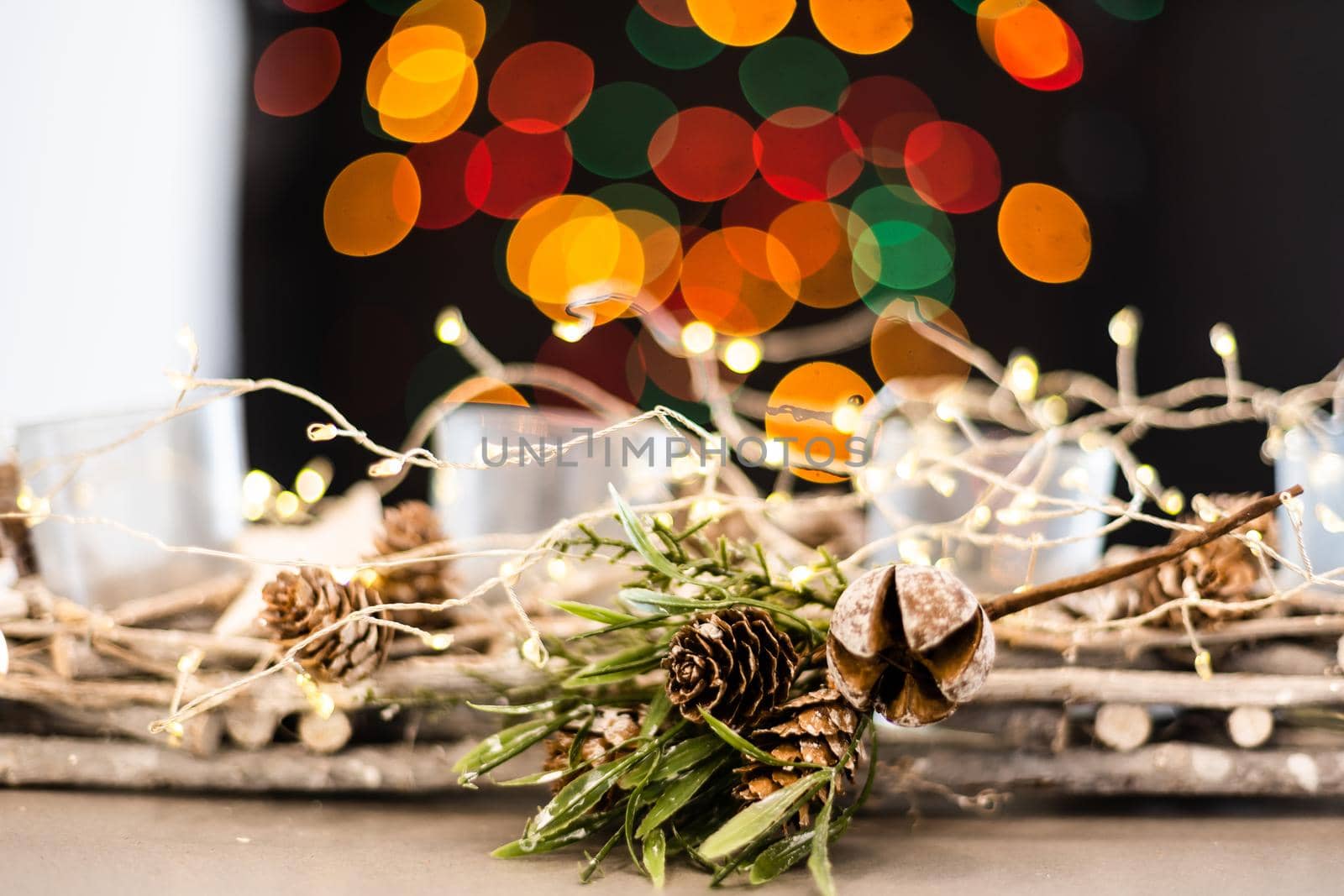 Christmas background with festive decoration, garland. Christmas background with copyspace.