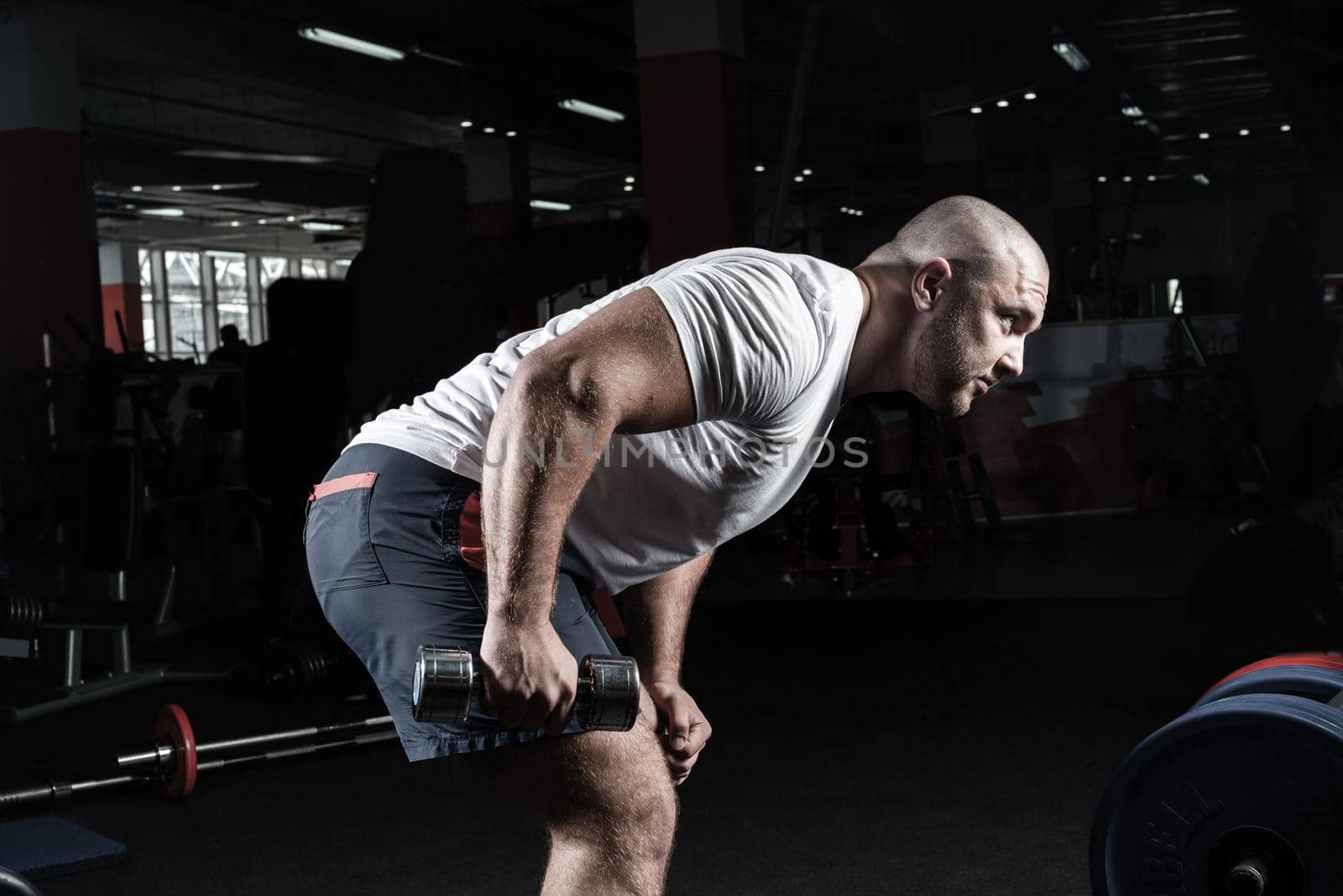 Male bodybuilder engaged with dumbbells in the gym. Healthy lifestyle