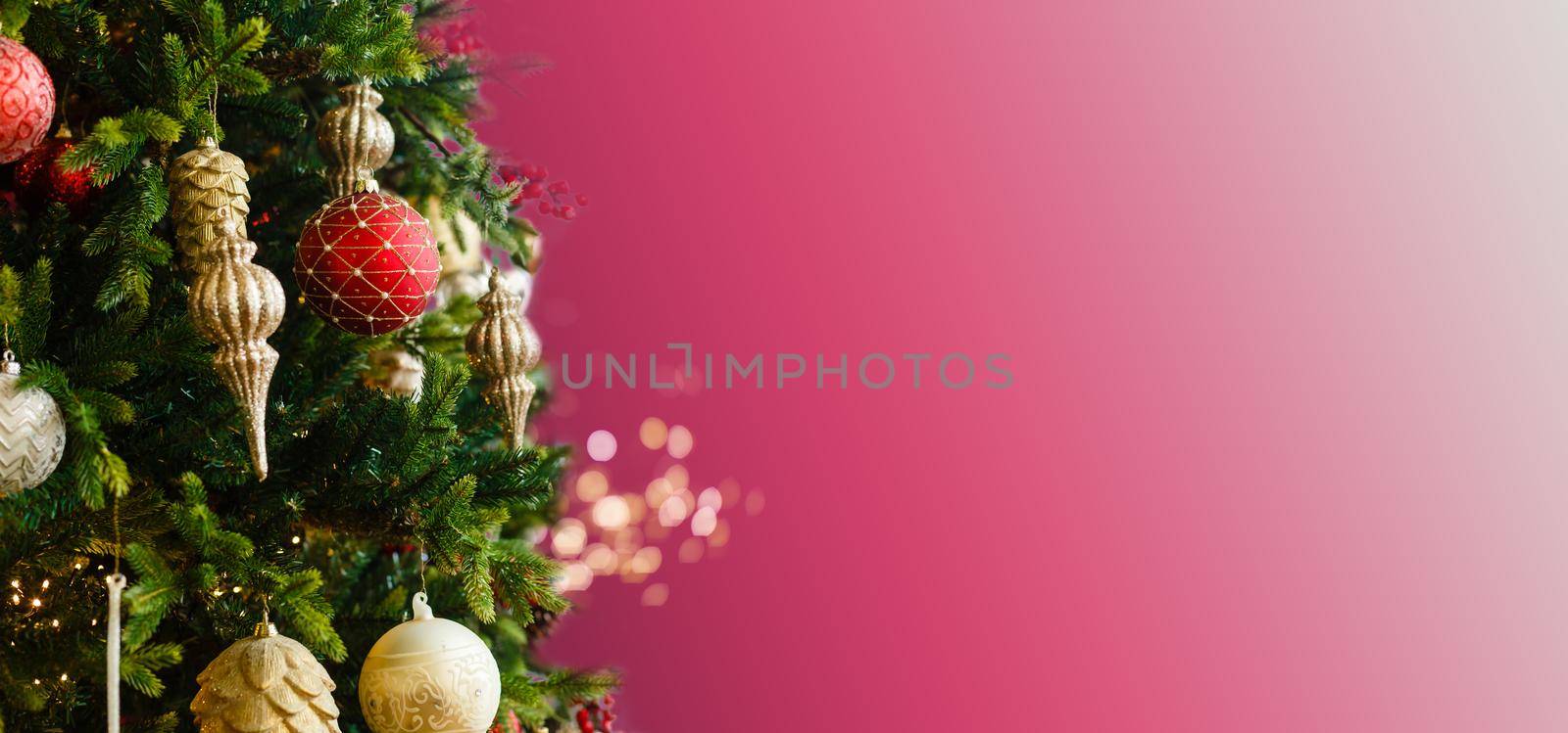 Decorated Christmas tree closeup, balls, garland by Andelov13