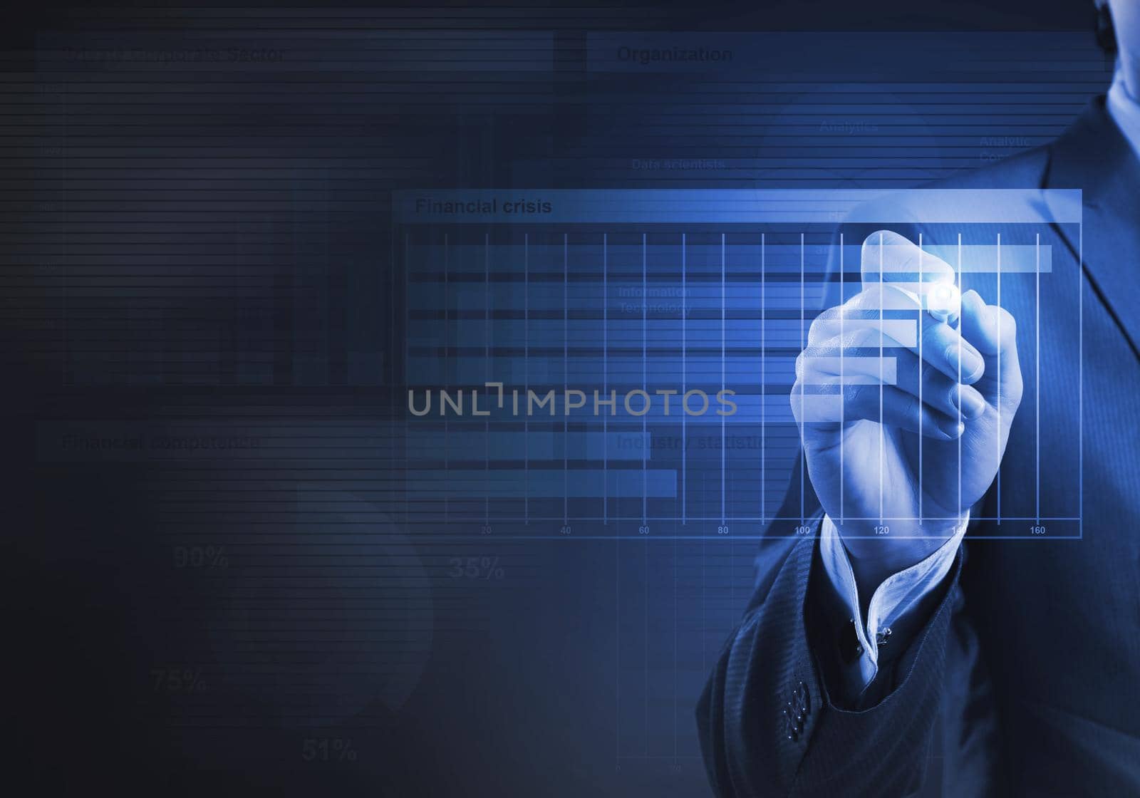 Close view of businessman drawing on screen market infographs