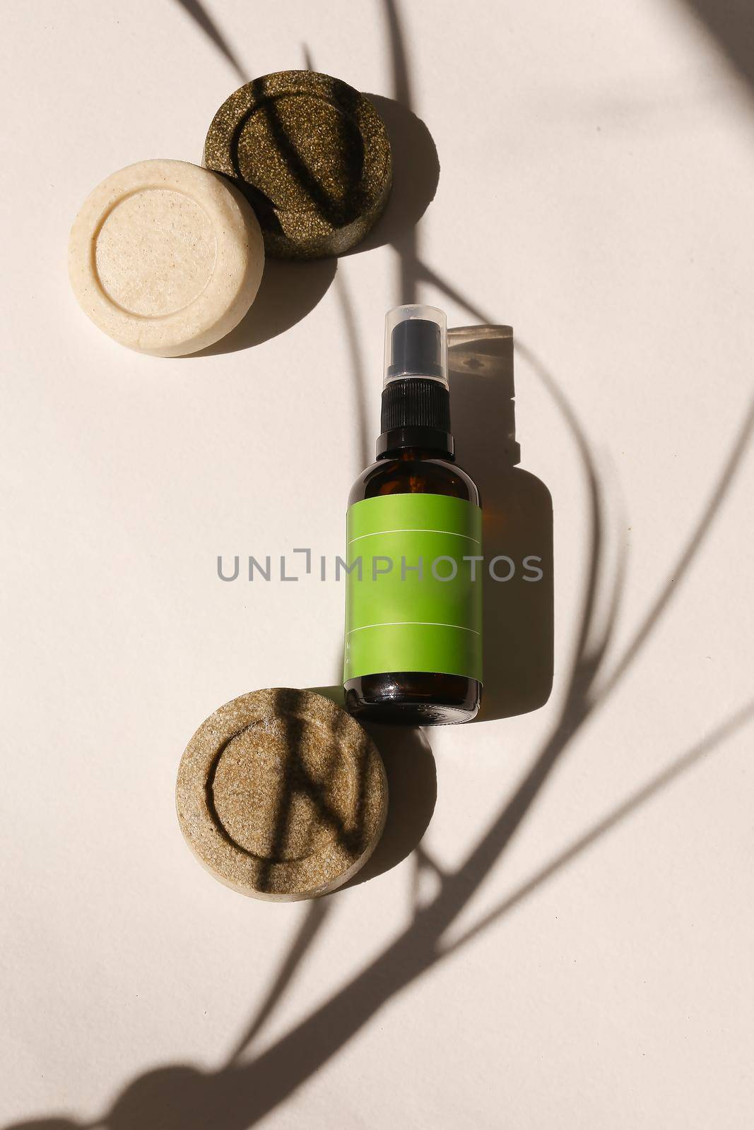 Spray bottle with green space for brand and solid bars of soap. by sisterspro