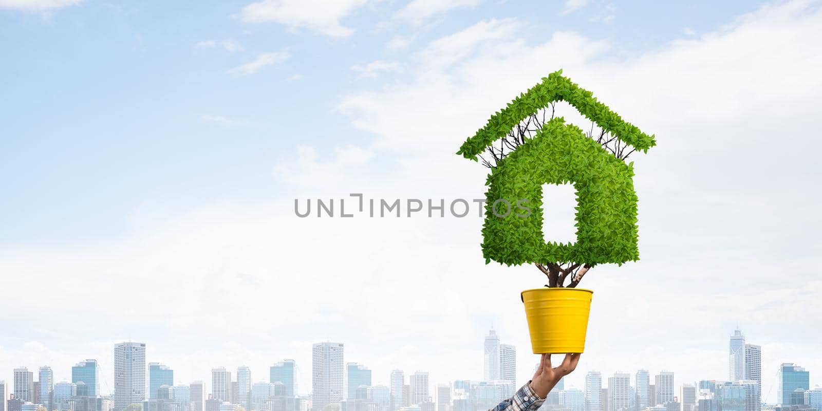 Green plant in shape of house grows in yellow pot. Human hand holding pot with plant on cityscape background. Eco friendly building technology and architecture design. Investment in real estate