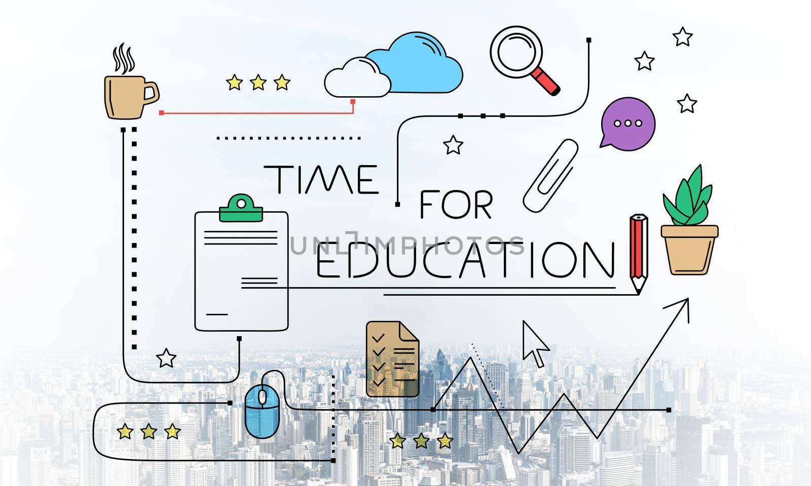 Time for education linear sketch on background of modern downtown. Internet learning and business knowledges. Mind map of educational web content. Commercial marketing and business presentation.