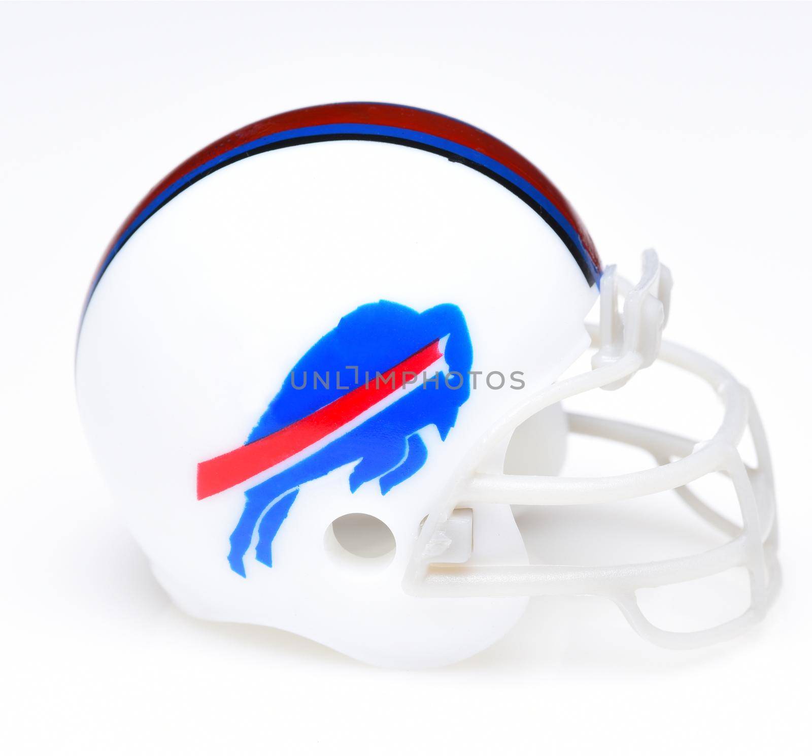 IRVINE, CALIFORNIA - AUGUST 30, 2018: Mini Collectable Football Helmet for the Buffalo Bills of the American Football Conference East.