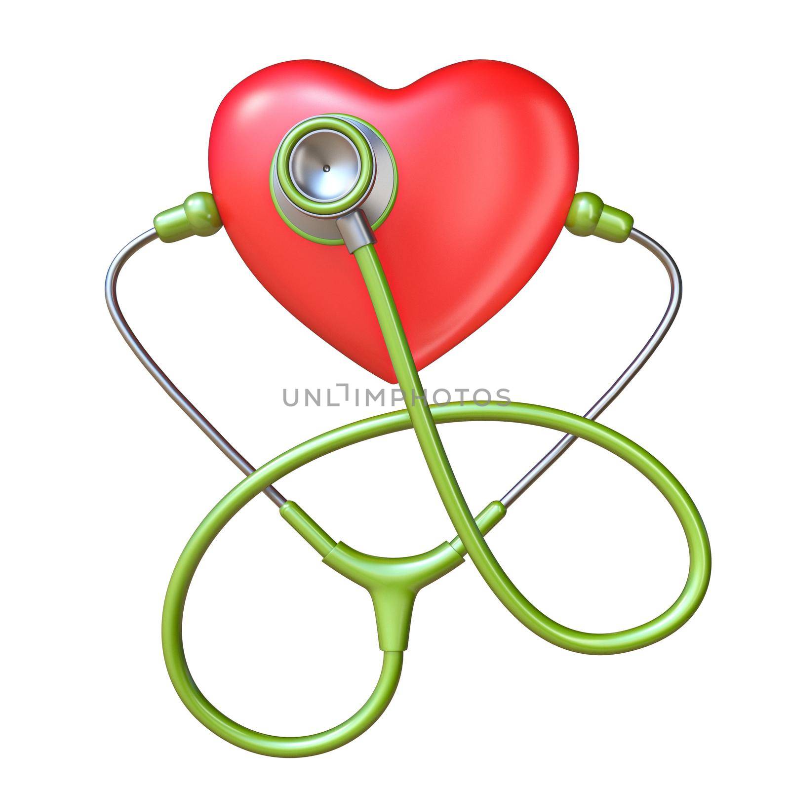 Stethoscope and red heart 3D render illustration isolated on white background