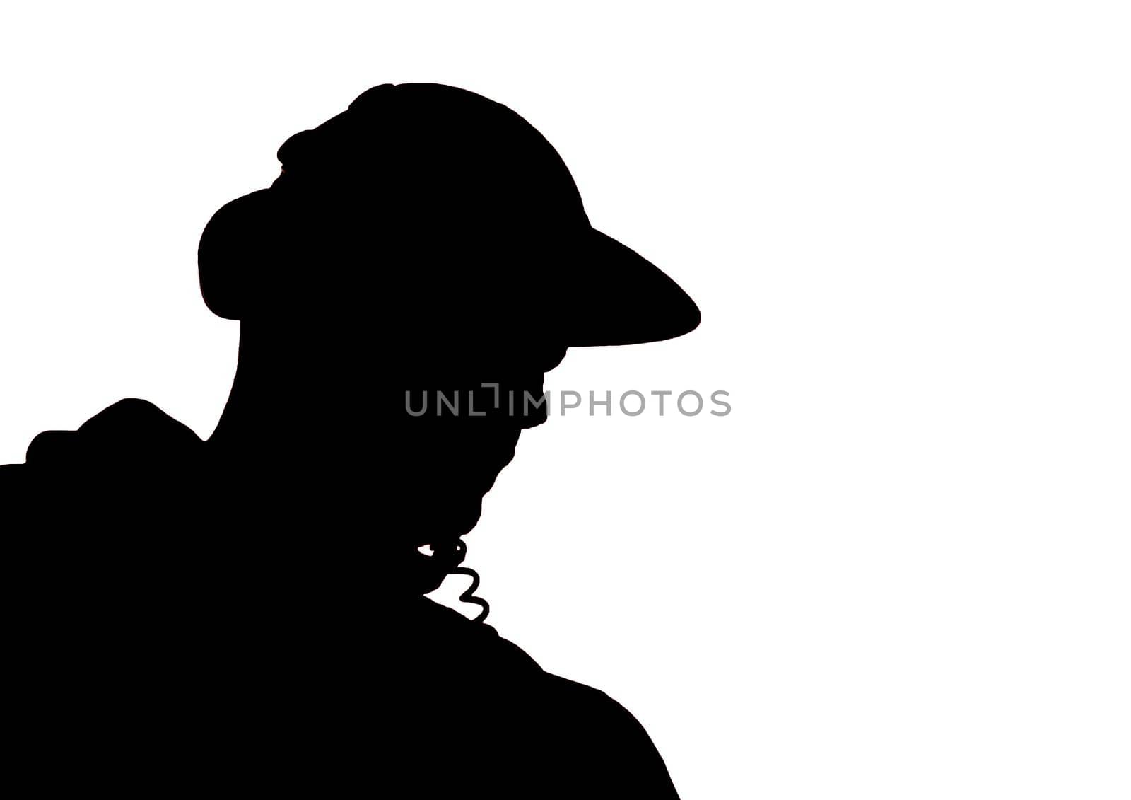 The black silhouette of a man in a cap and DJ headphones on a white background isolated.