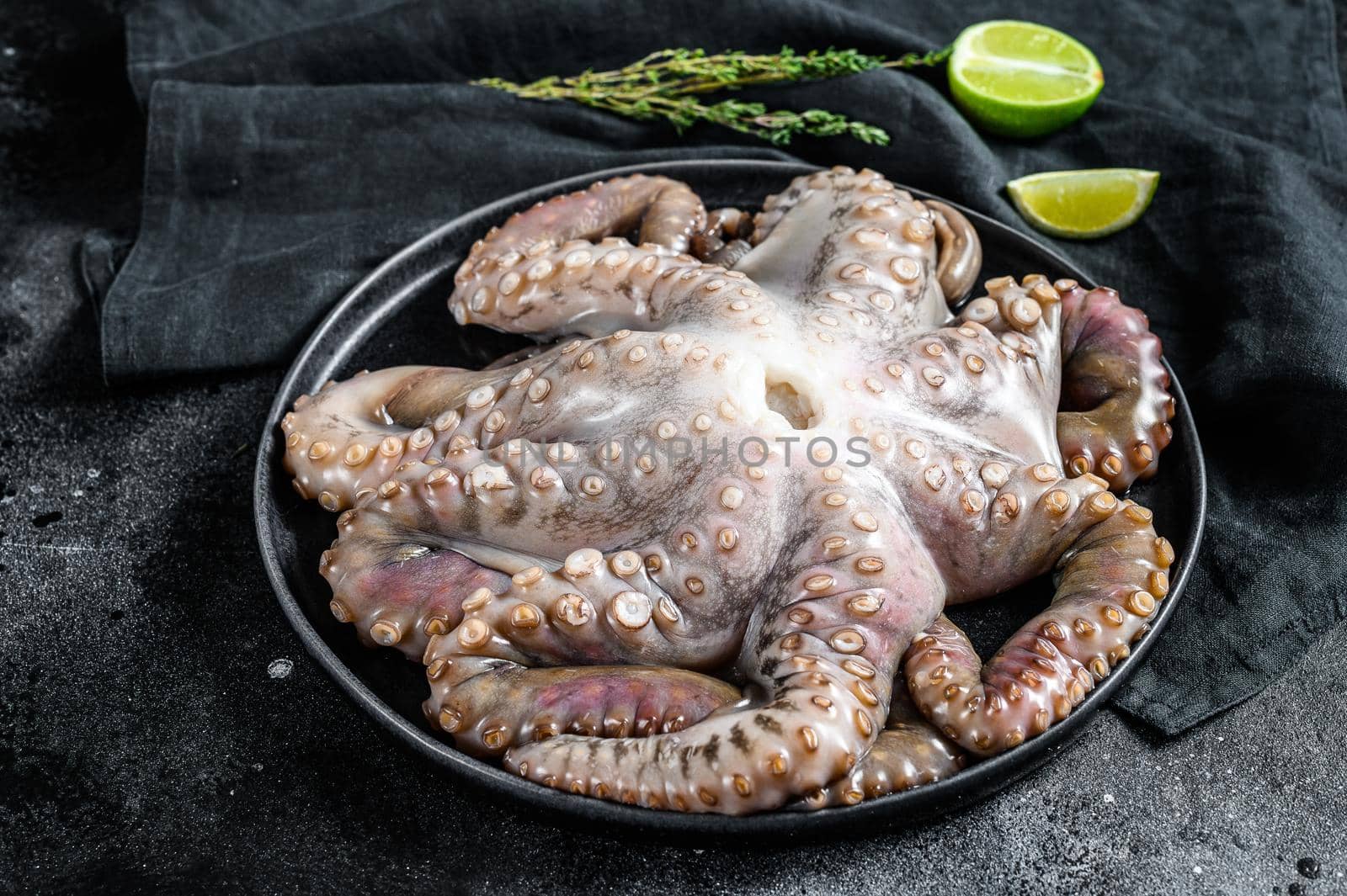 Fresh octopus with cooking ingredients, lime, thyme, chili pepper. Black background. Top view