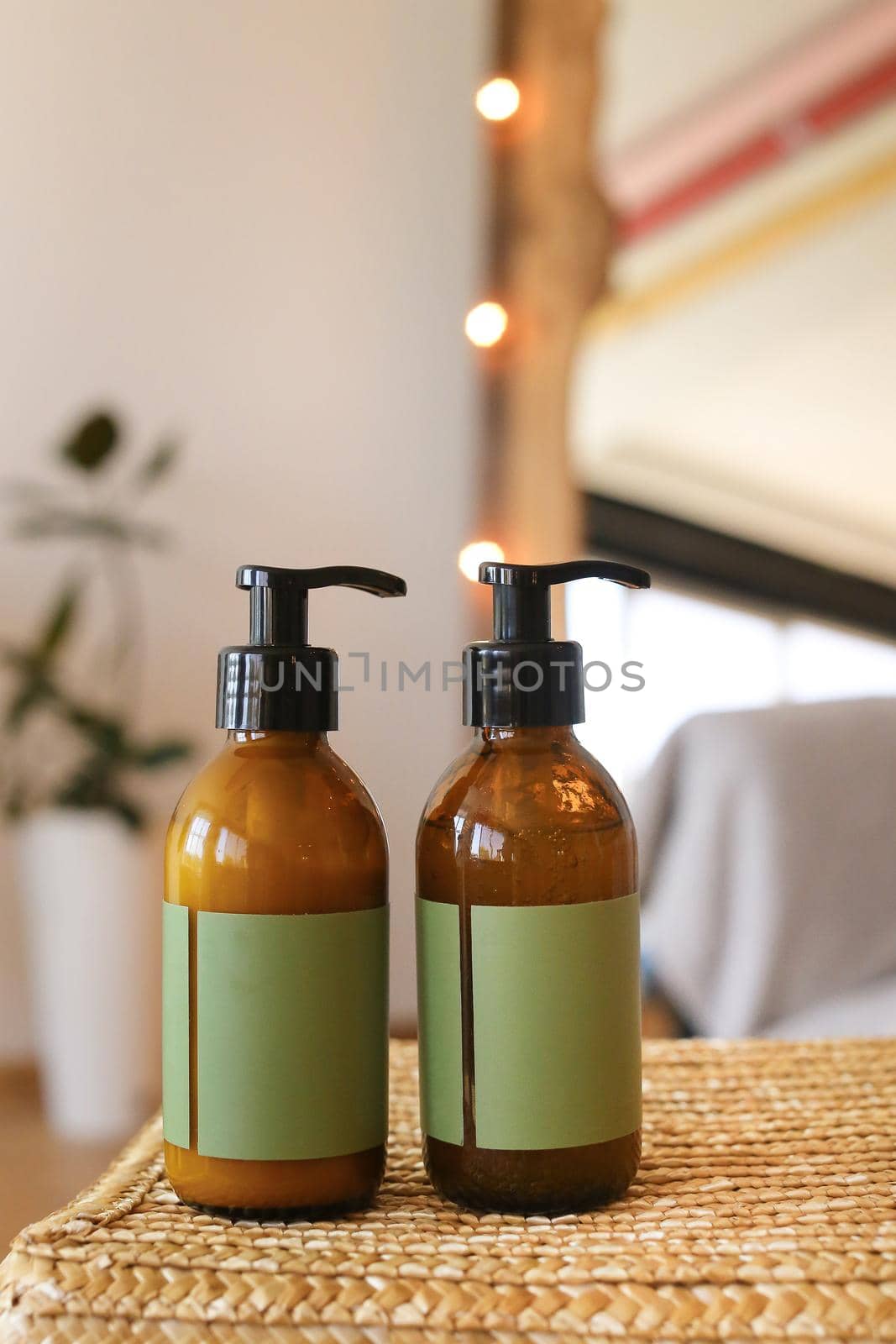 Soft light bathroom decor for advertising, design, cover, set of cosmetic bottles for bath with copy space for your text by sisterspro