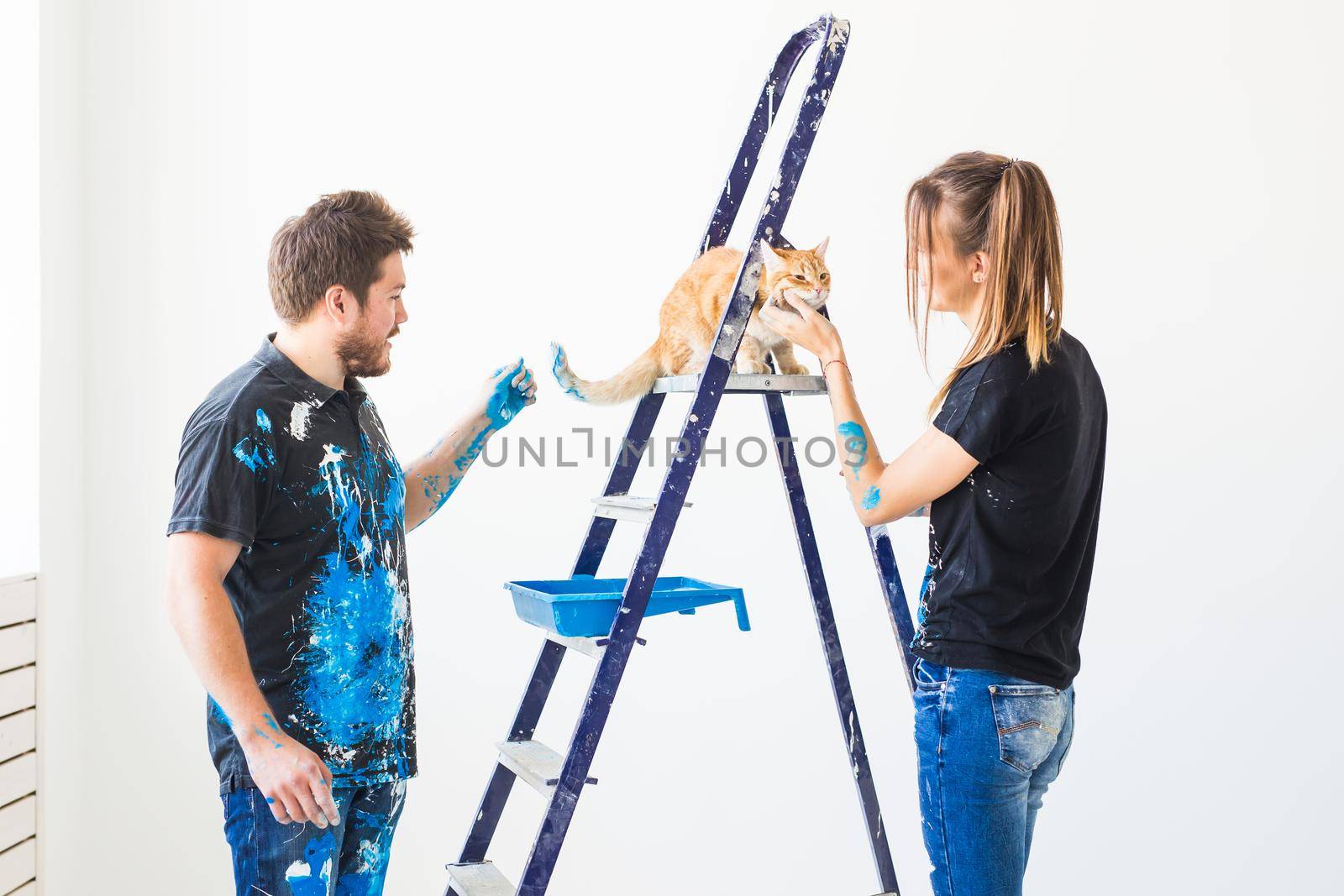 People, pet, renovation and repair concept - Portrait of lovely couple with cat doing redecoration in apartment by Satura86