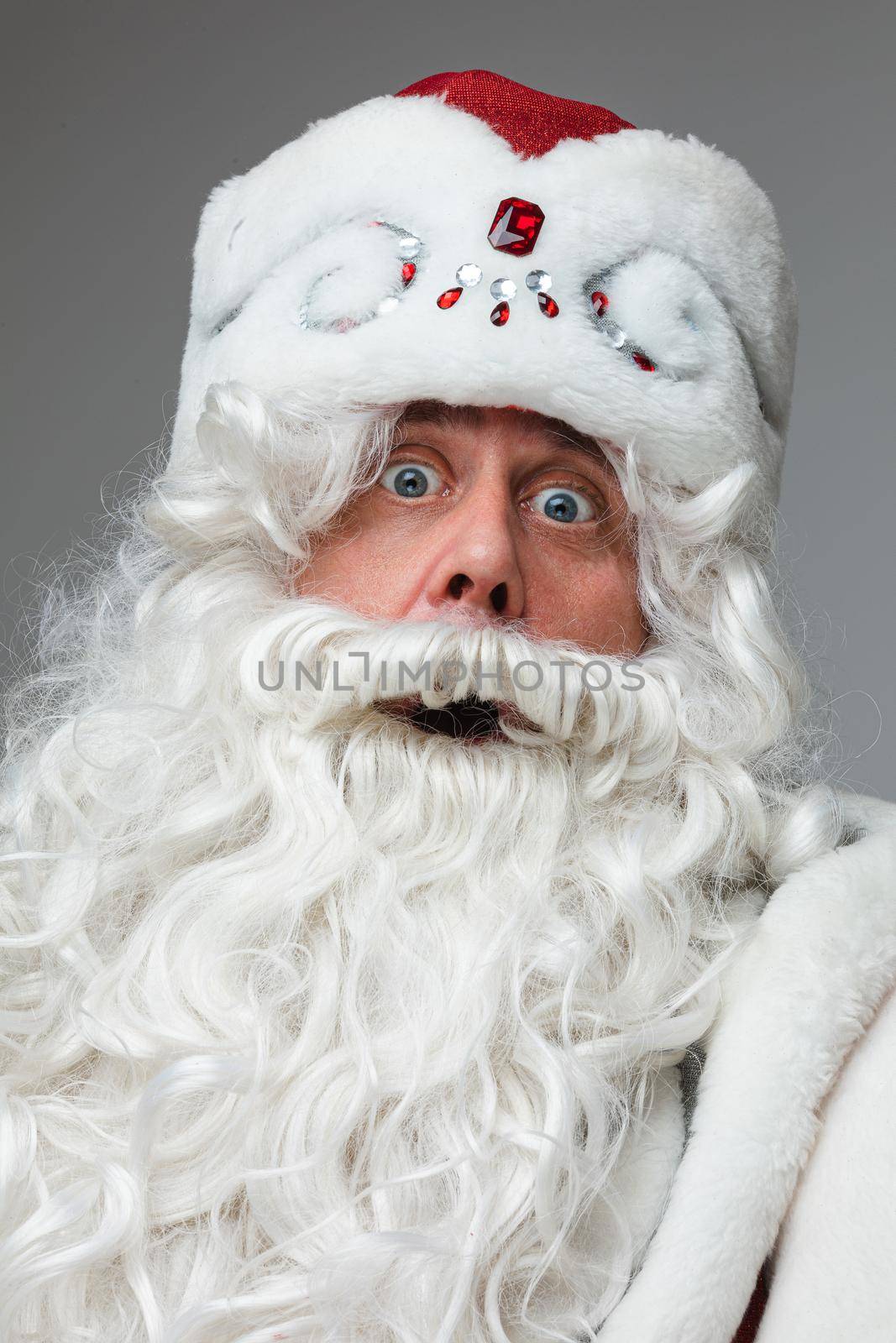 portrait of winking father frost, picture isolated on grey background