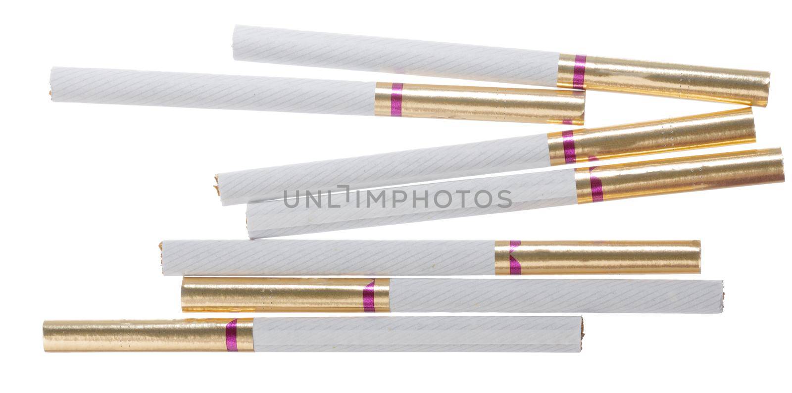 Bunch of unlit cigarettes isolated on white background