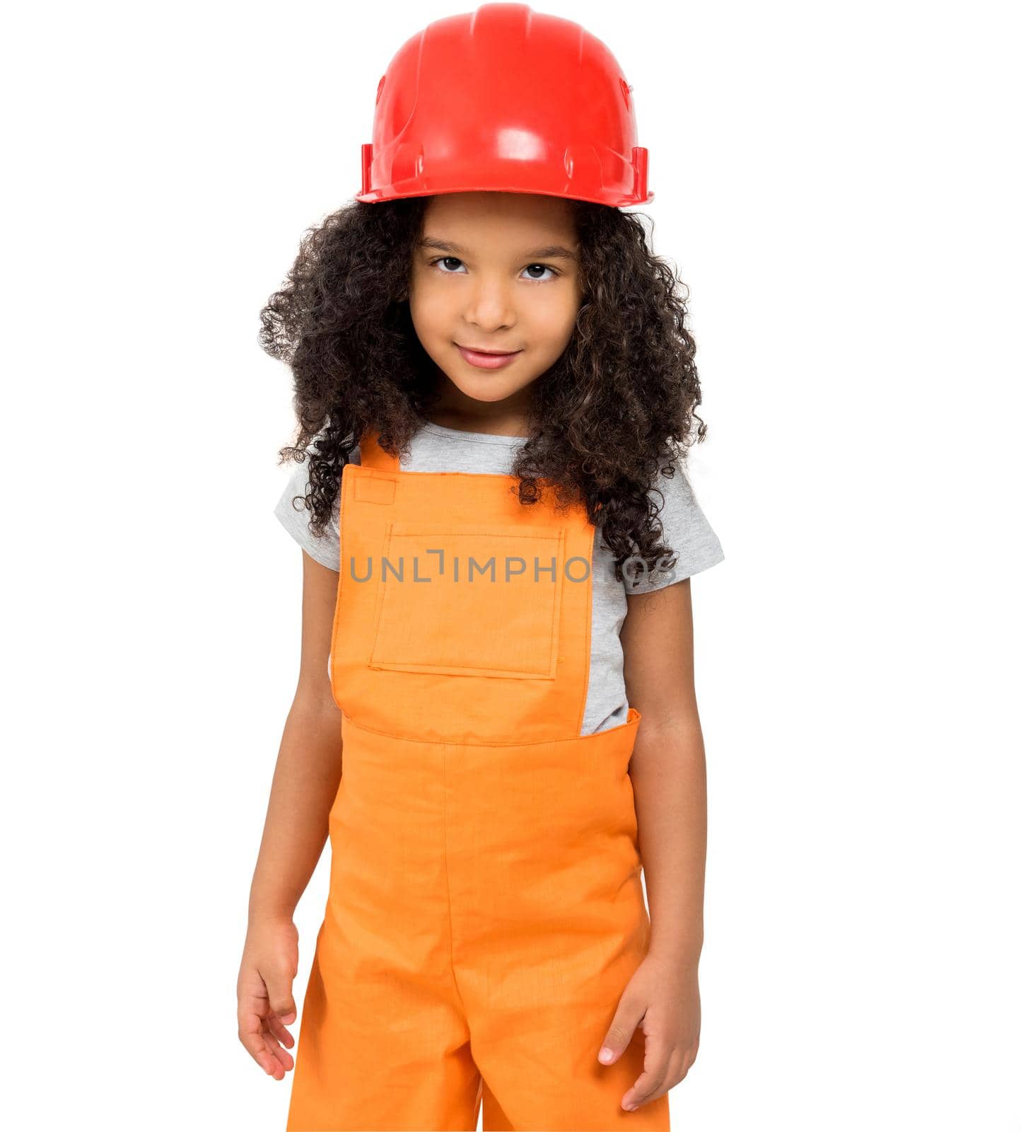 cute little girl in orange repairmen uniform and helmet isolatd on a white background