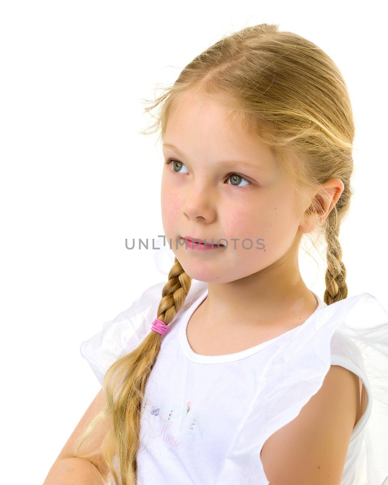 Little girl in a pure white T-shirt for advertising by kolesnikov_studio