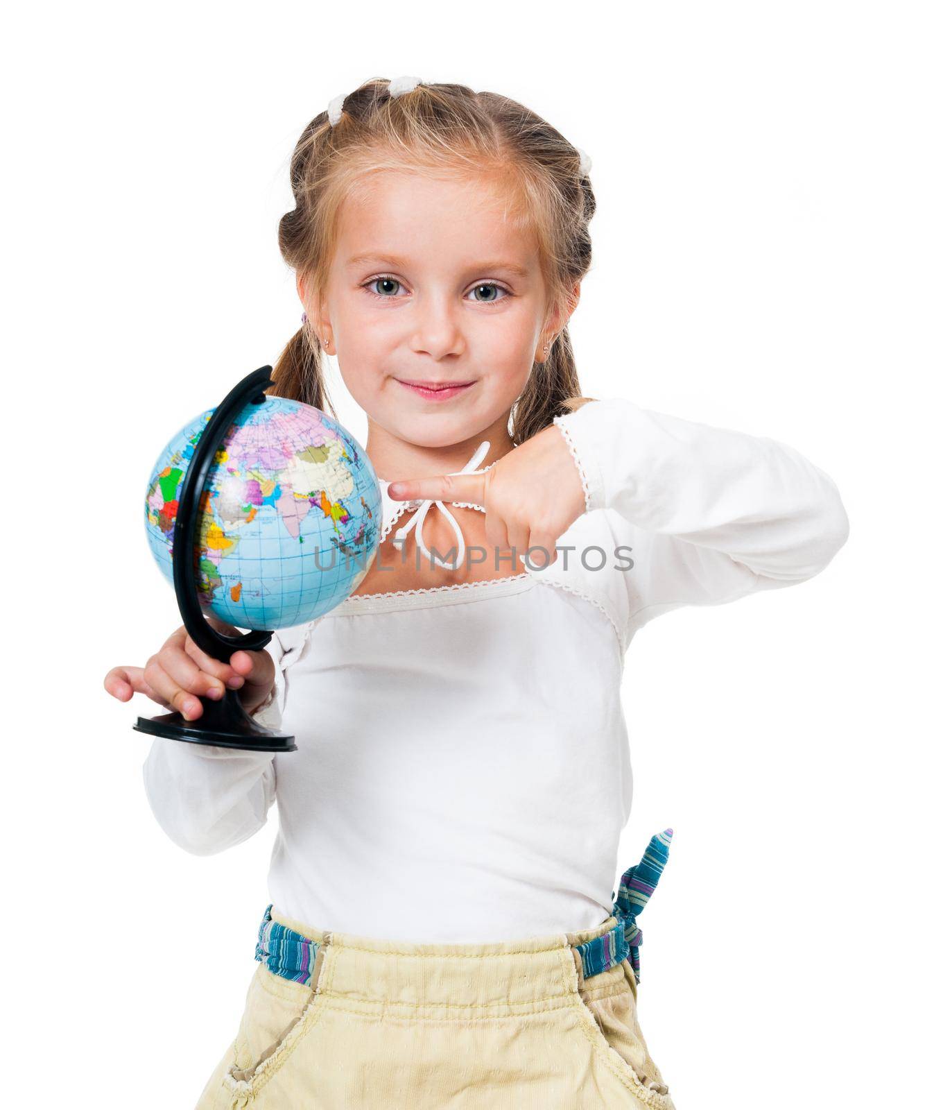 Adorable little girl with globe isolated on a white background