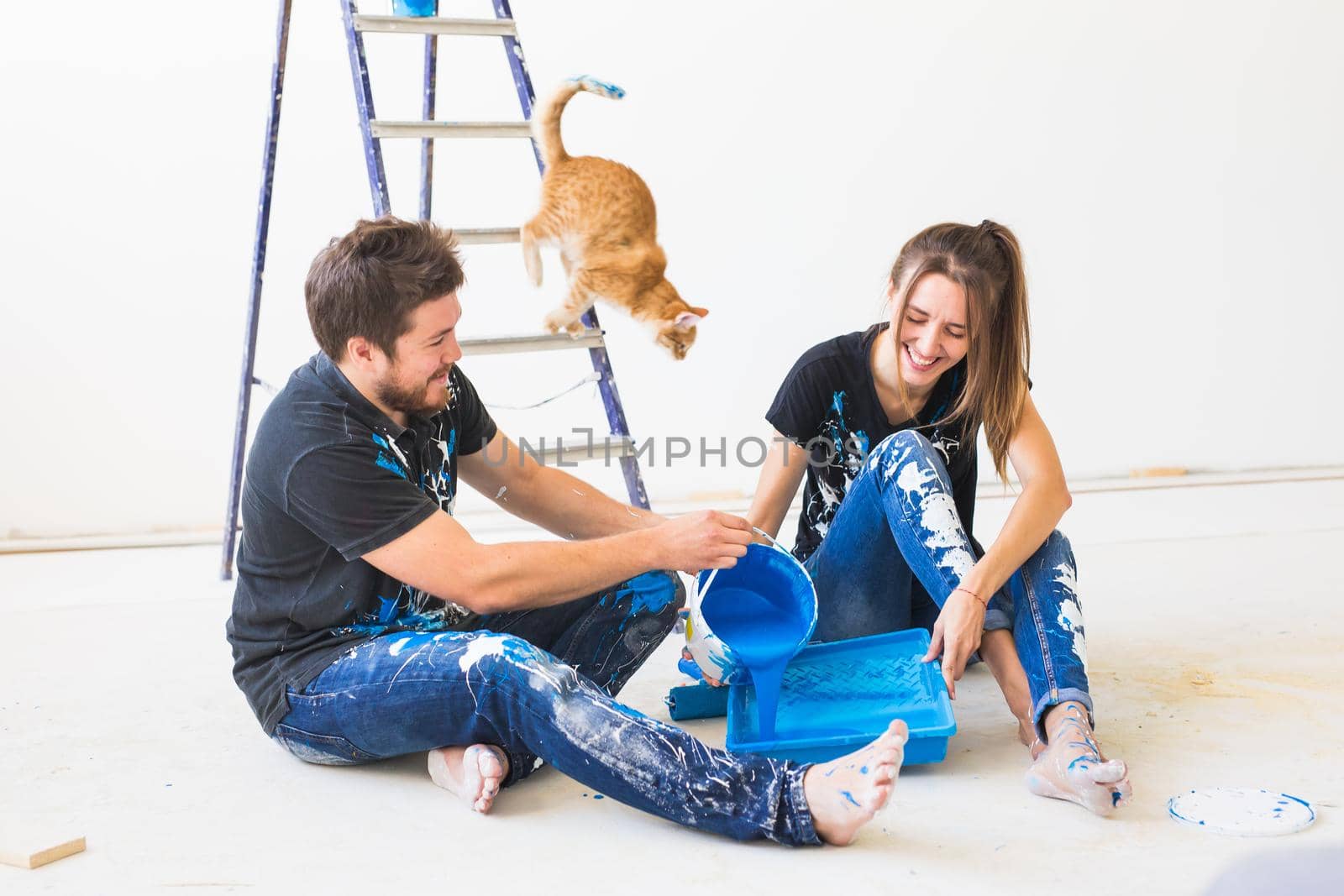 Repair, pet, renovation and people concept - couple with cat going to paint the wall, they are mixing the color.