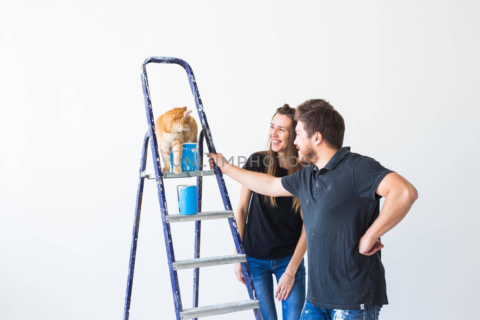 Repair, renovation, pet and love couple concept - young family with cat doing repair and painting walls together and laughing.