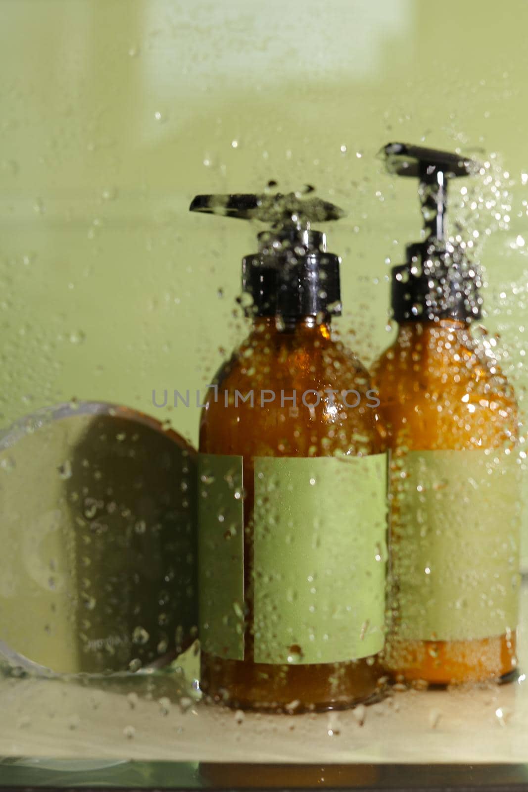 Soft light bathroom decor for advertising, design, cover, set of cosmetic bottles for bath with copy space for your text. Soft focus by sisterspro