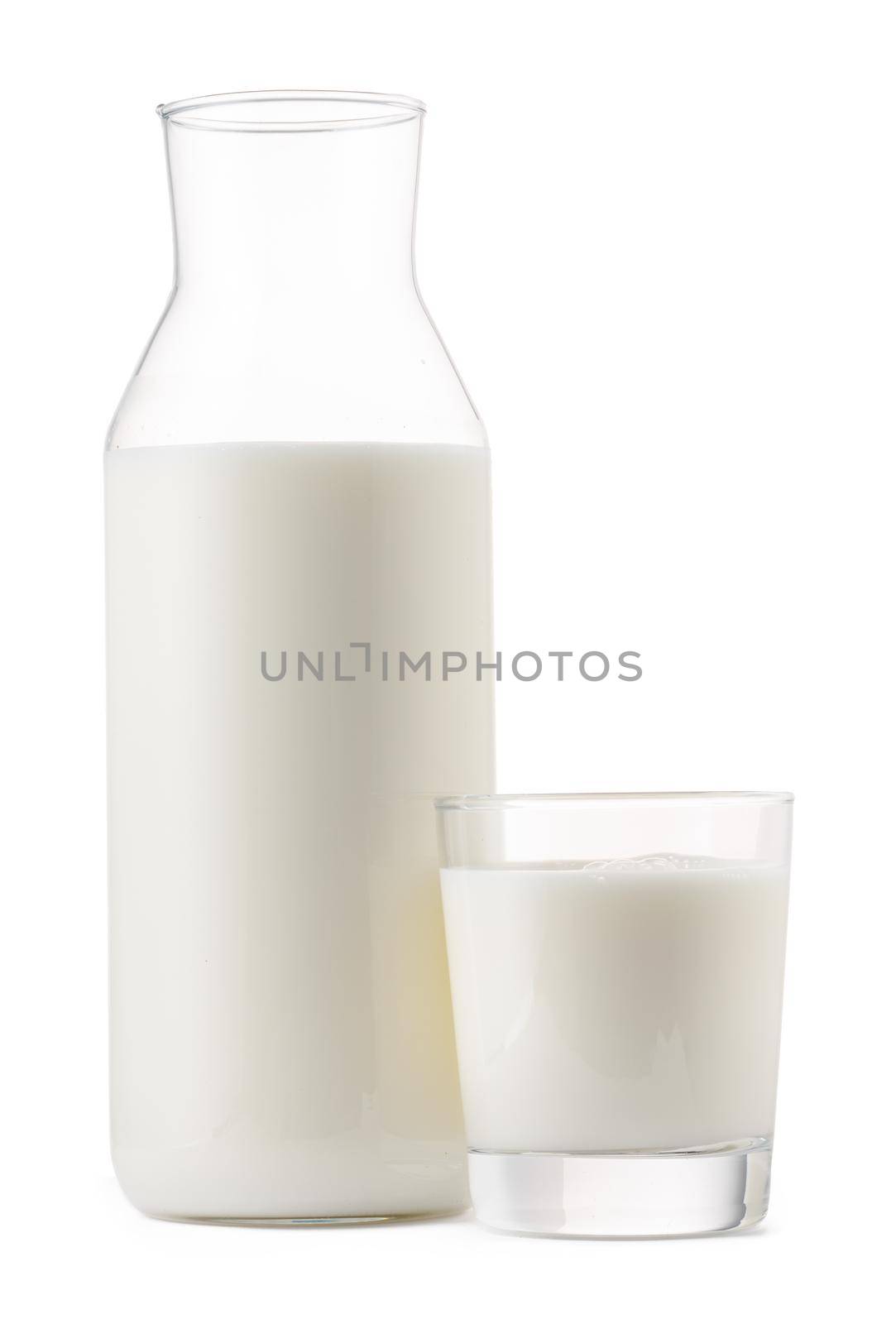 Glass bottle and cup of fresh milk isolated on white