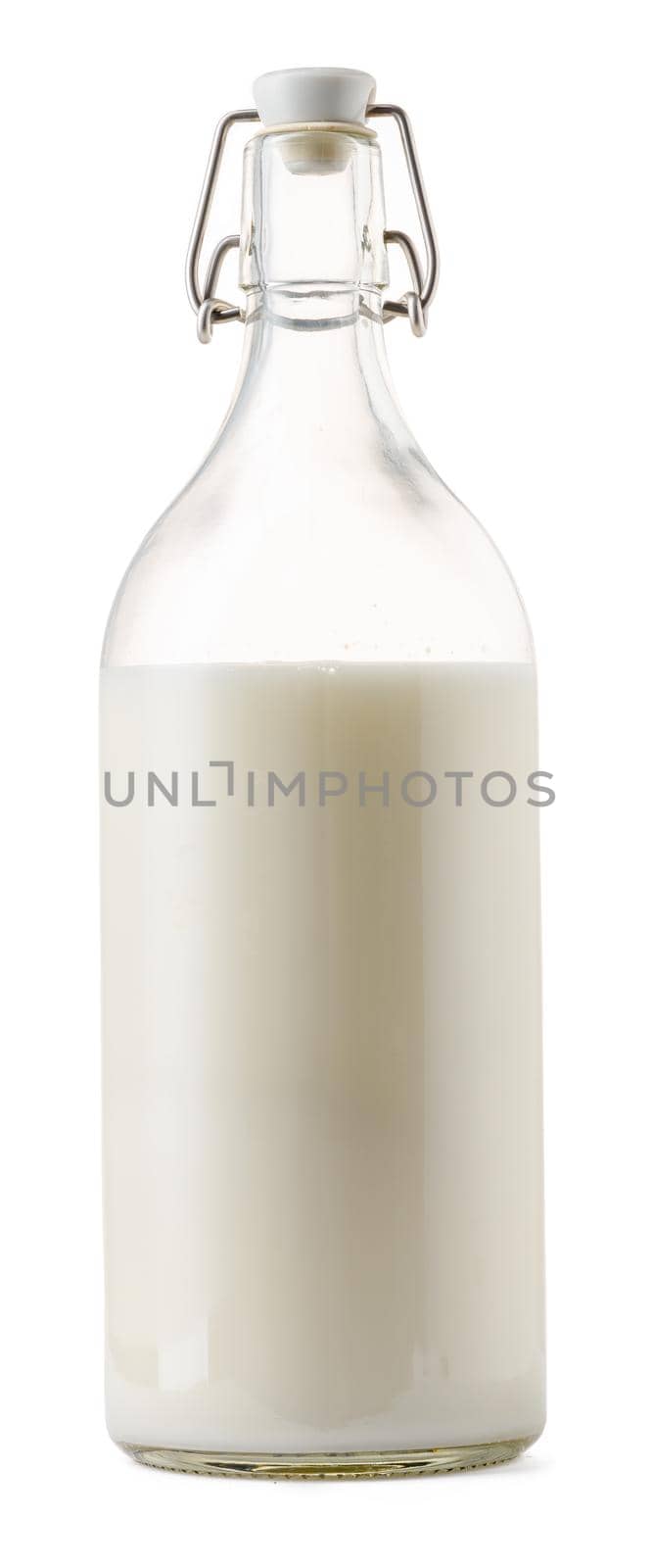 Closed glass milk bottle isolated on white background close up