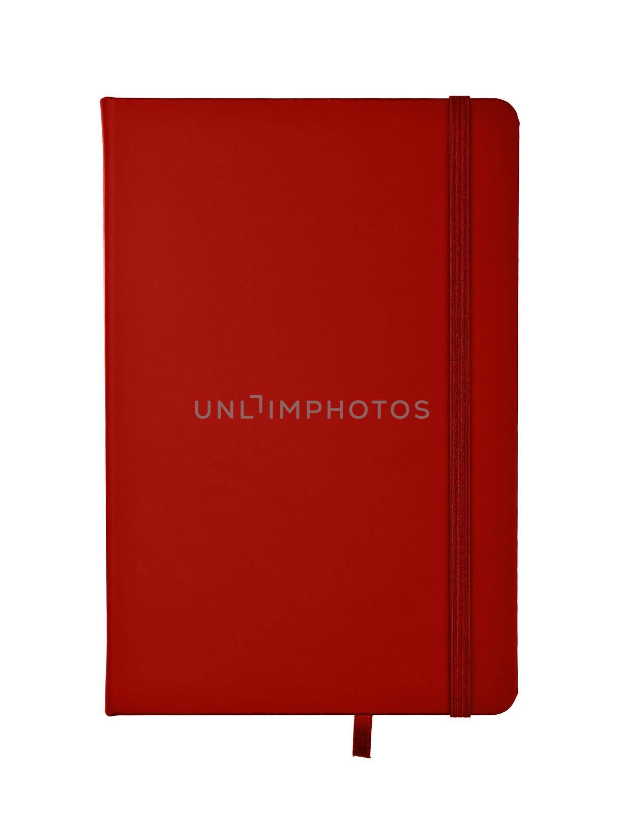 Closed maroon red faux leather cover notebook isolated on white background, flat lay, directly above
