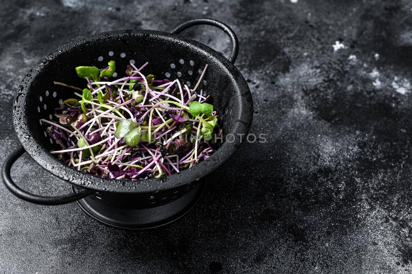 Raw radish cress sprouts in a colander. Black background. Top view. Copy space.