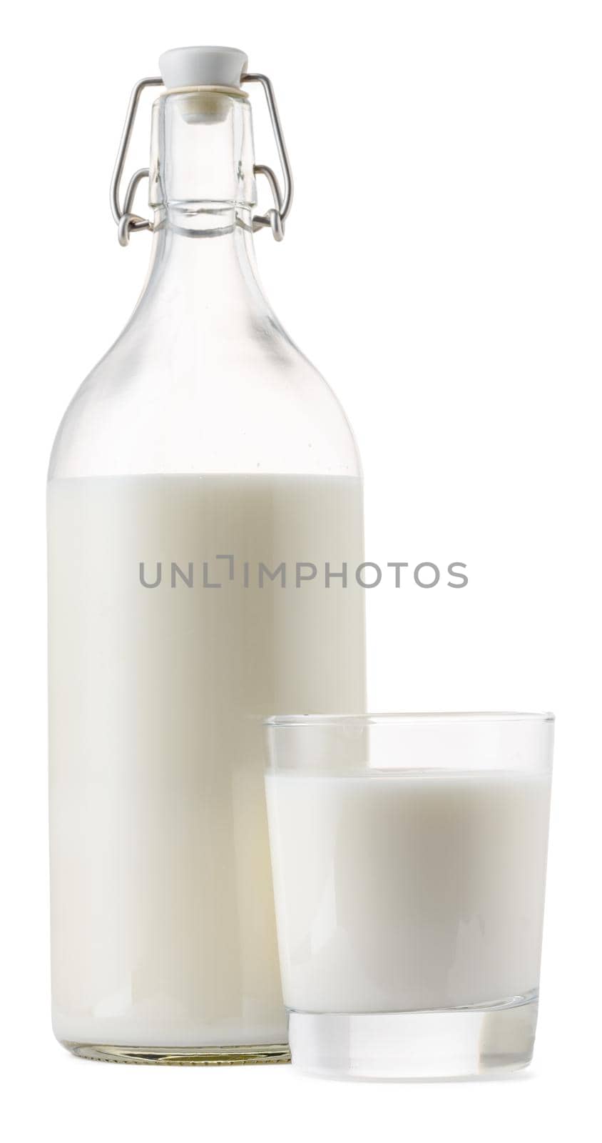 Closed glass milk bottle isolated on white background close up