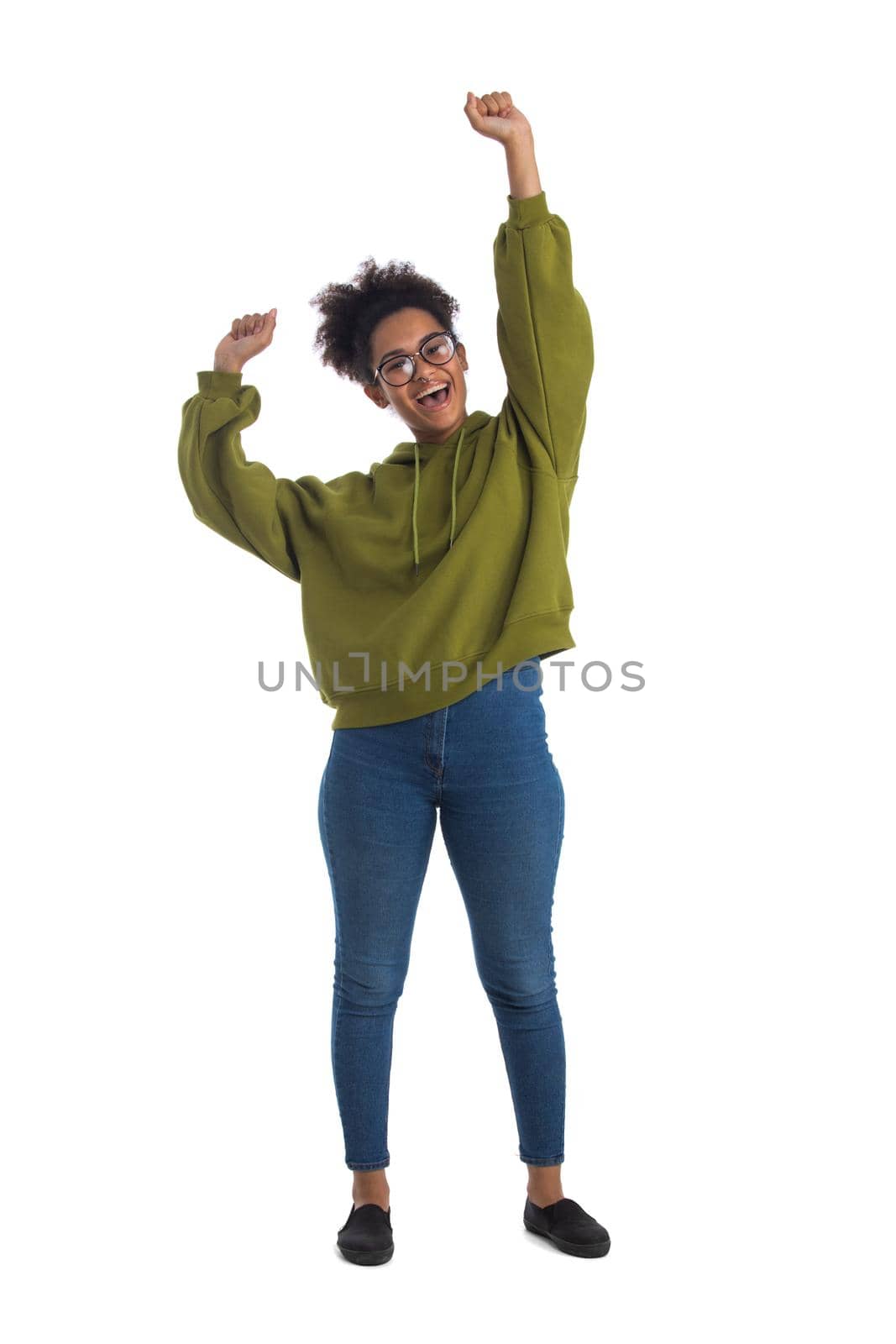 Black woman cheering with arms stretched by ALotOfPeople