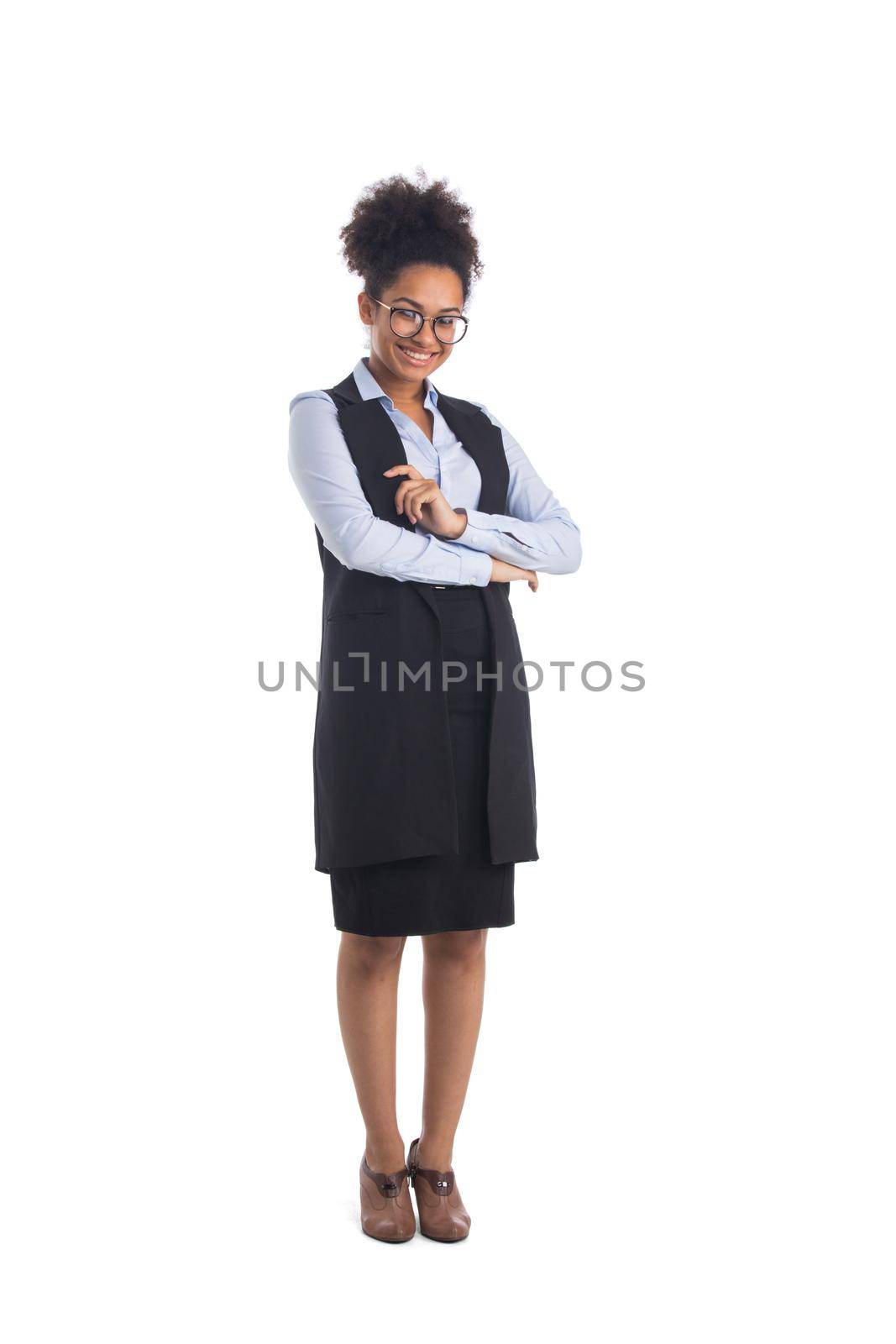 Full length African American Attractive young businesswoman standing with arms crossed isolated on white background