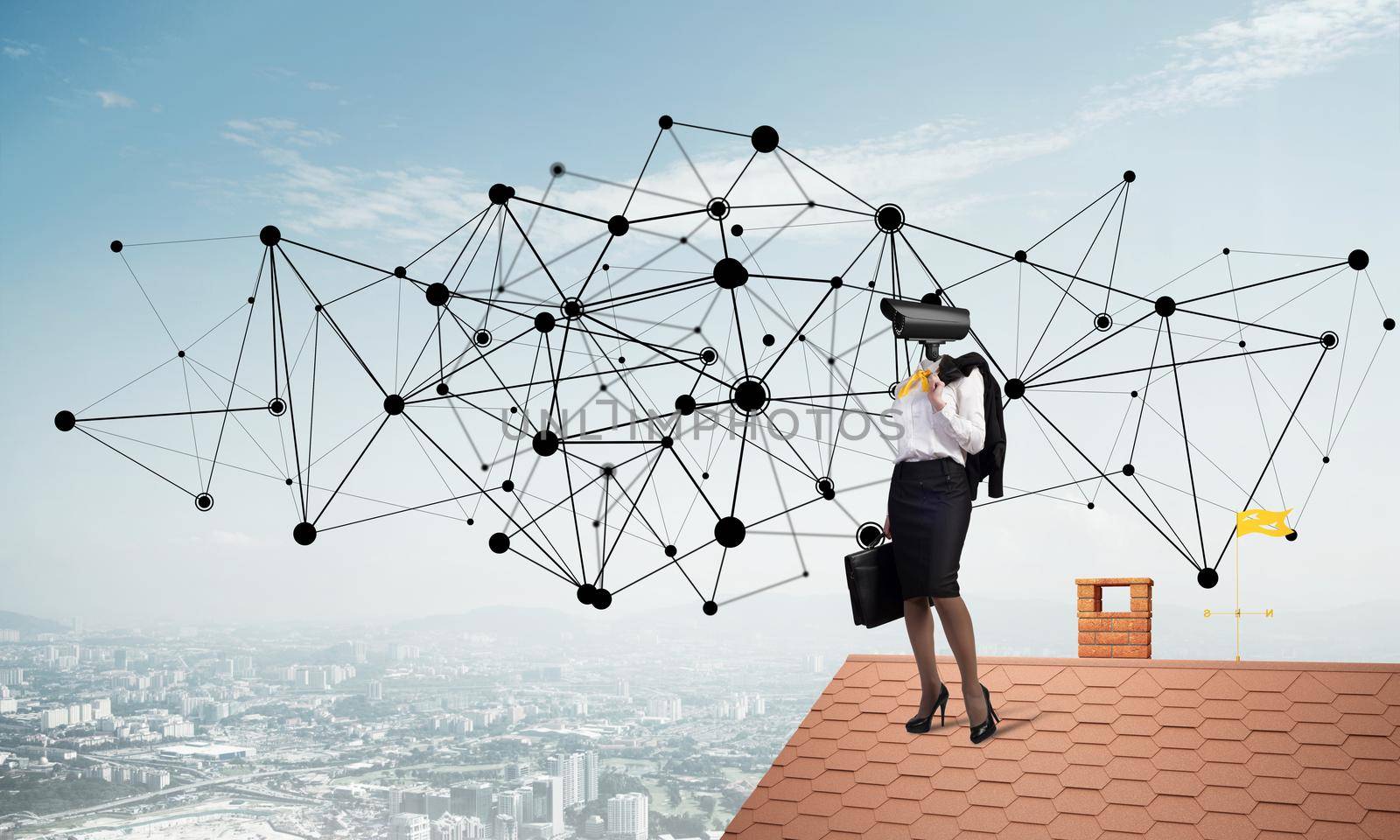 Faceless businesswoman with camera zoom instead of head standing on house roof