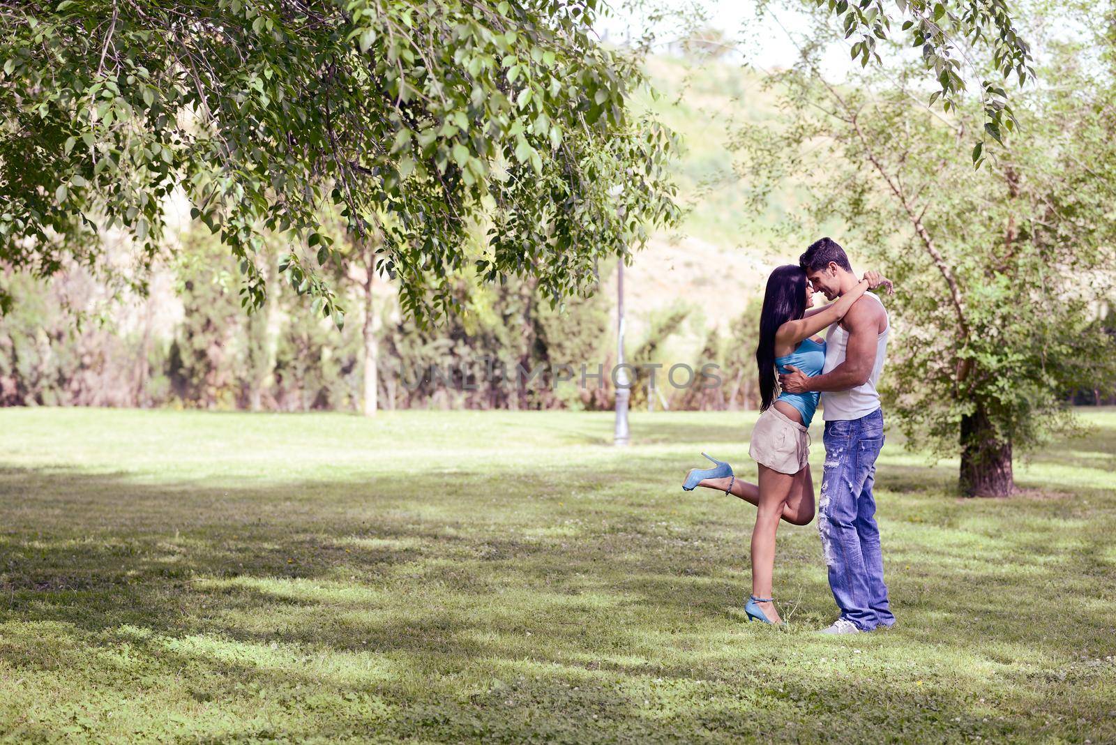 Young couple kissing in a beautiful park by javiindy